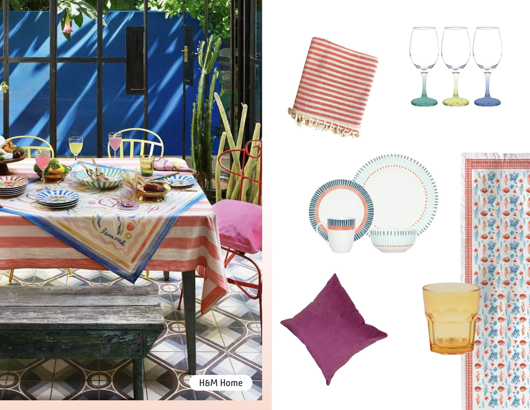 Moodboard de inspiración con una terraza con una mesa con mantel de rayas blancas y rosadas, un camino de mesa con motivos marinos, menaje, copas y vasos de colores. Al costado están los productos disponibles en Sodimac para lograr ese look.