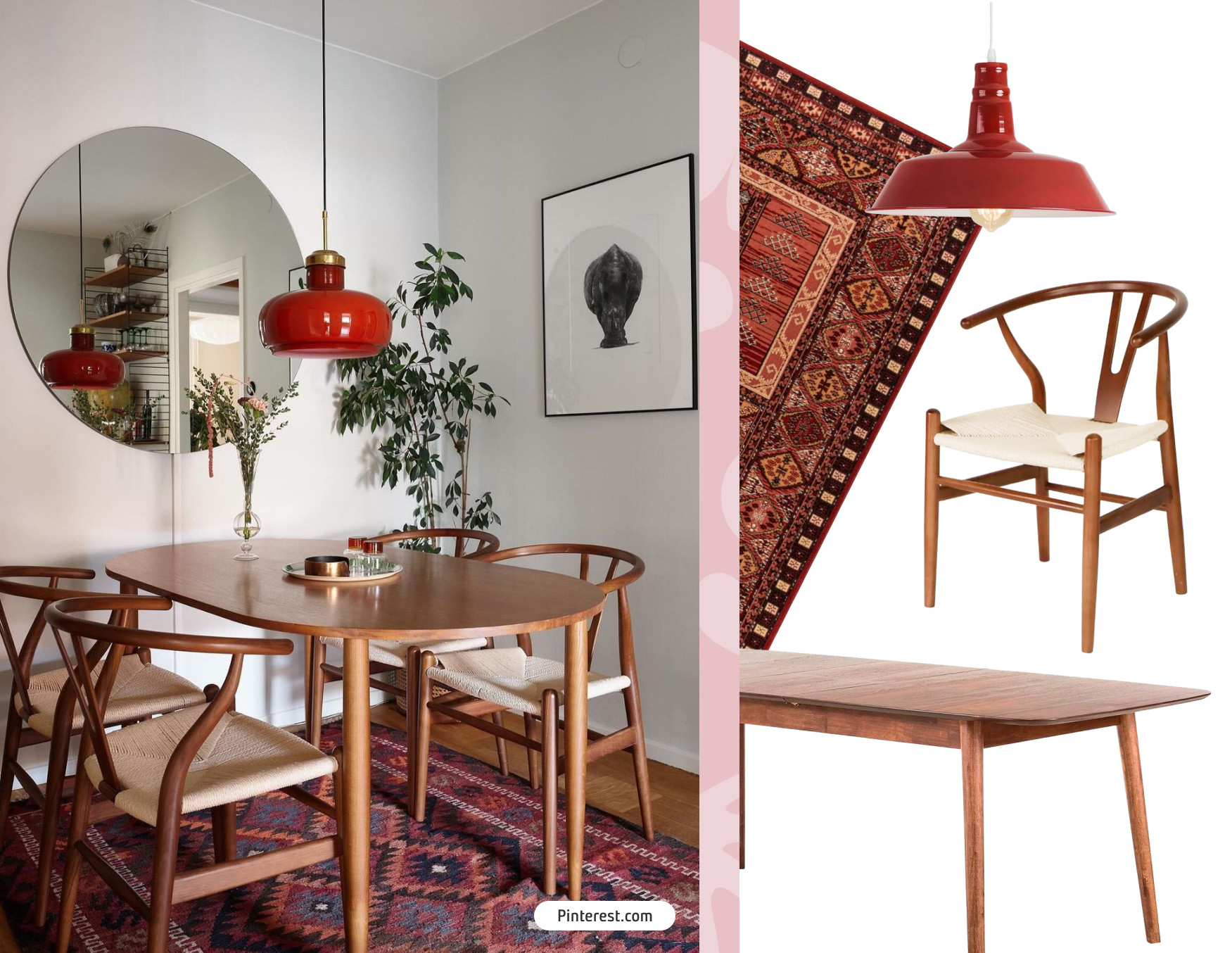 Moodboard de inspiración con una foto de un comedor pequeño con una mesa rectangular de madera, sillas de madera, una lámpara colgante roja y una alfombra de tonos rojizos. Al costado están los productos Sodimac para conseguir ese look.