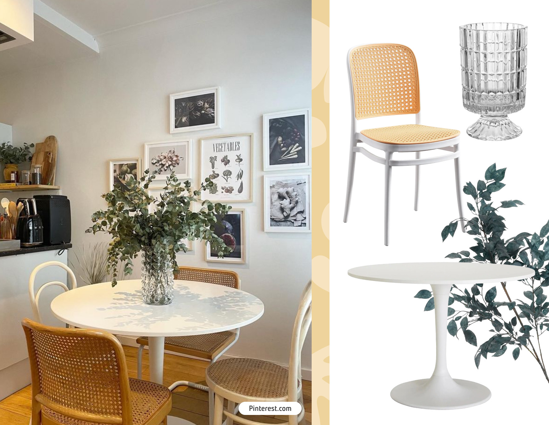 Moodboard de inspiración con una foto de un comedor pequeño con una mesa redonda blanca, sillas de ratán, un gran florero de vidrio y ramas verdes. Al costado están los productos Sodimac para conseguir ese look.