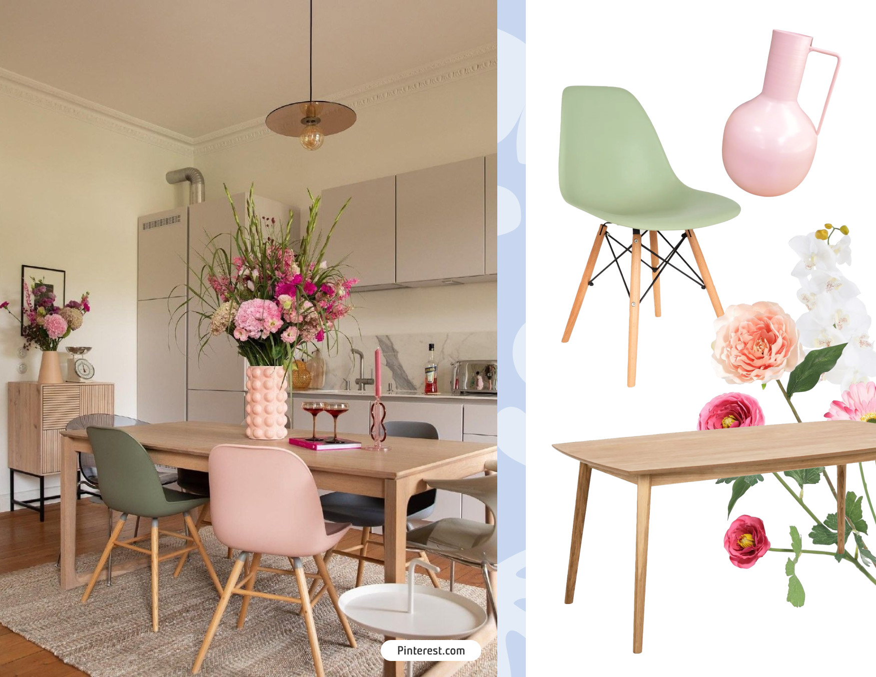 Moodboard de inspiración con una foto de un comedor pequeño con una mesa rectantular de madera clara, sillas estilo eames de colores, un gran florero de colores y flores rosadas. Al costado están los productos Sodimac para conseguir ese look.