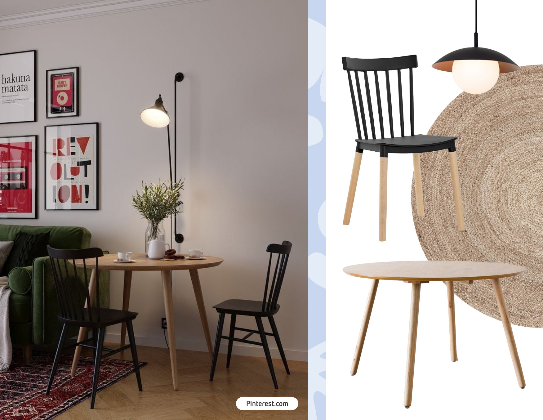 Moodboard de inspiración con una foto de un comedor pequeño con una mesa redonda de madera clara, sillas negras, un pequeño florero blanco con ramas. Al costado están los productos Sodimac para conseguir ese look.