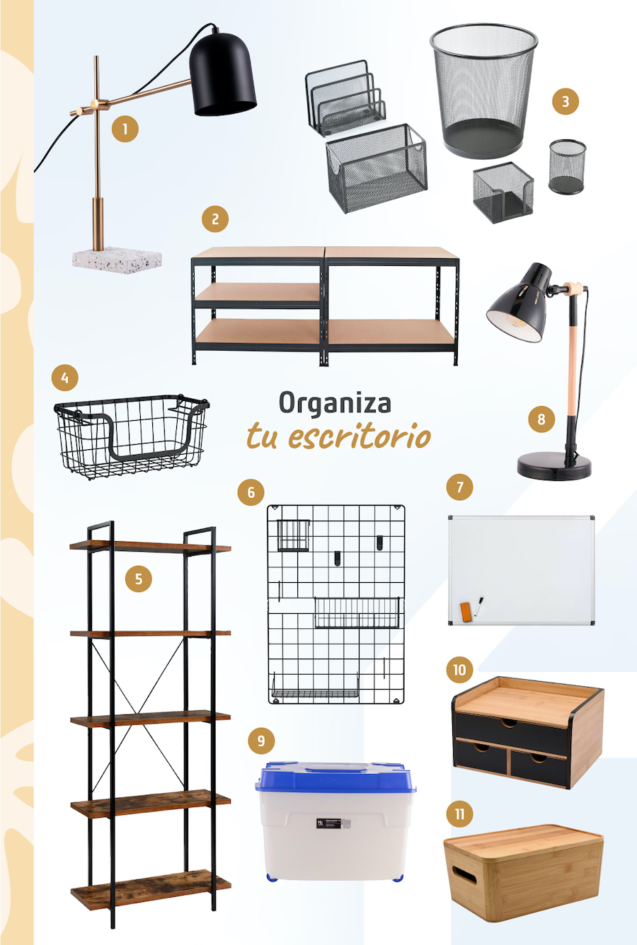 Moodboard de inspiración con distintos organizadores de escritorio disponibles en Sodimac, desde una pizarra, estantes y lámparas, hasta cajas organizadoras.