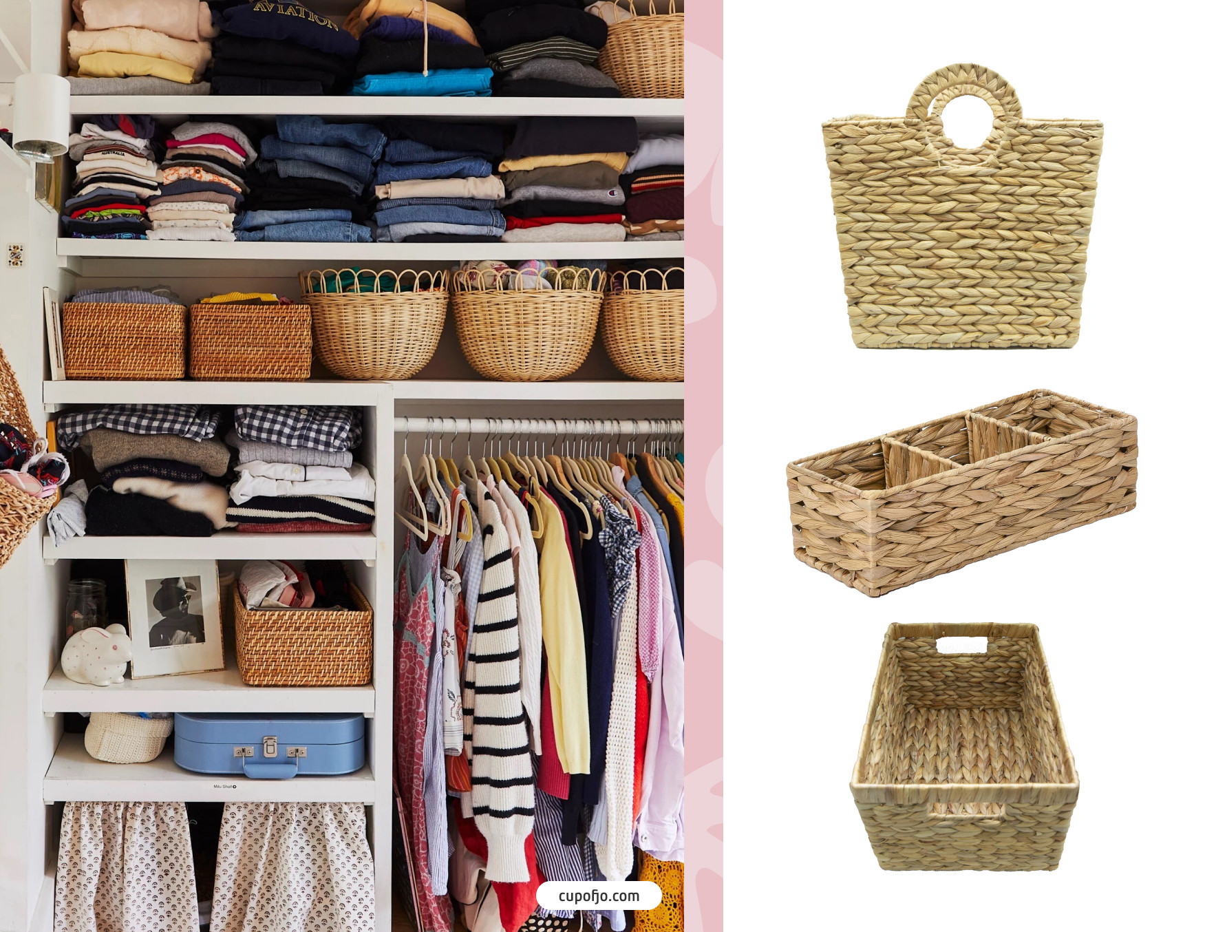 Moodboard de inspiración con una foto de un clóset abierto con distintas cajas y canastos para organizar la ropa. Al costado hay 3 canastos organizadores disponibles en Sodimac.