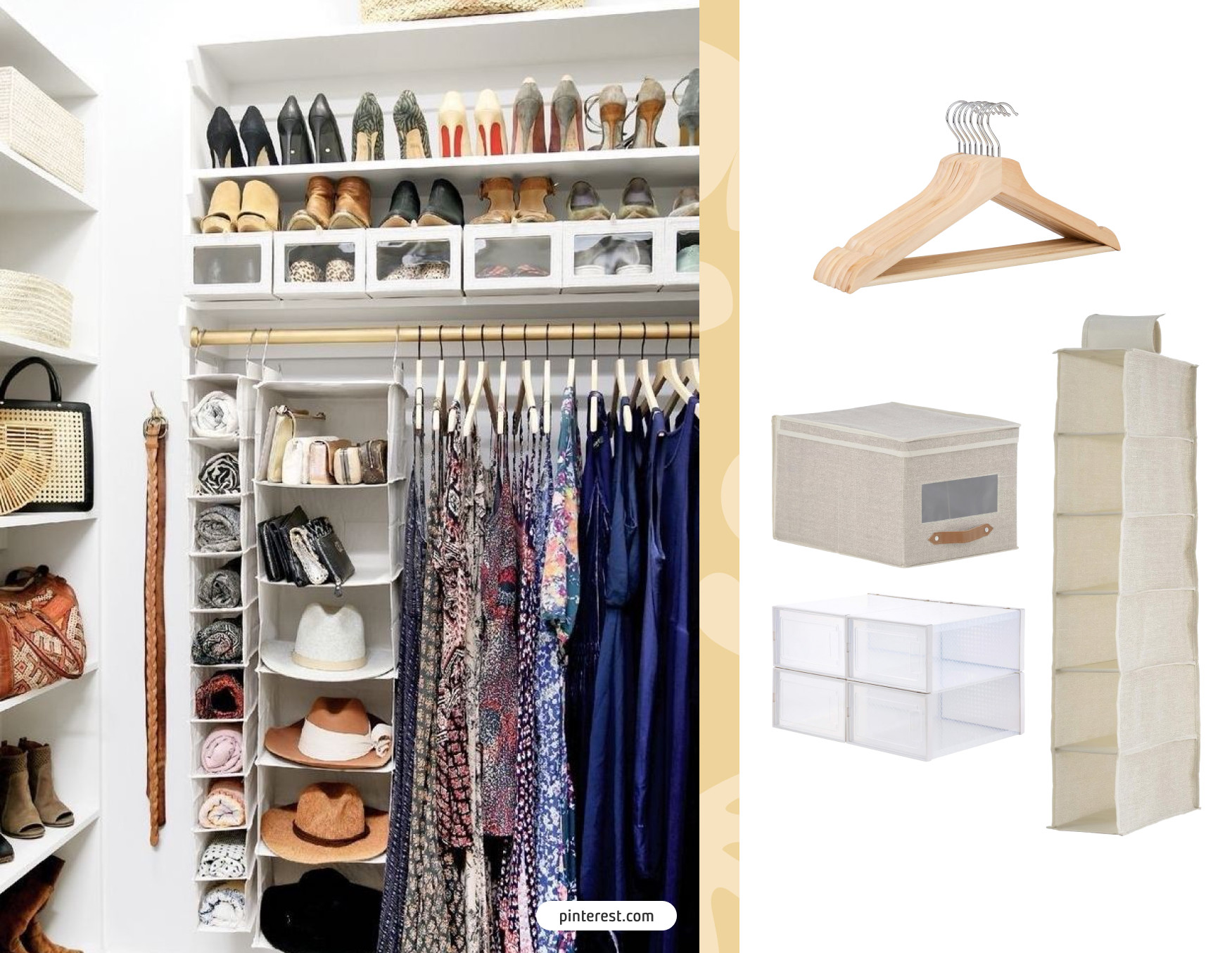 Moodboard de inspiración con una foto de un clóset abierto. Hay zapatos, ropa, accesorios y cajas organizadoras. Al costado hay 4 organizadores de clóset para ordenar el clóset disponibles en Sodimac.