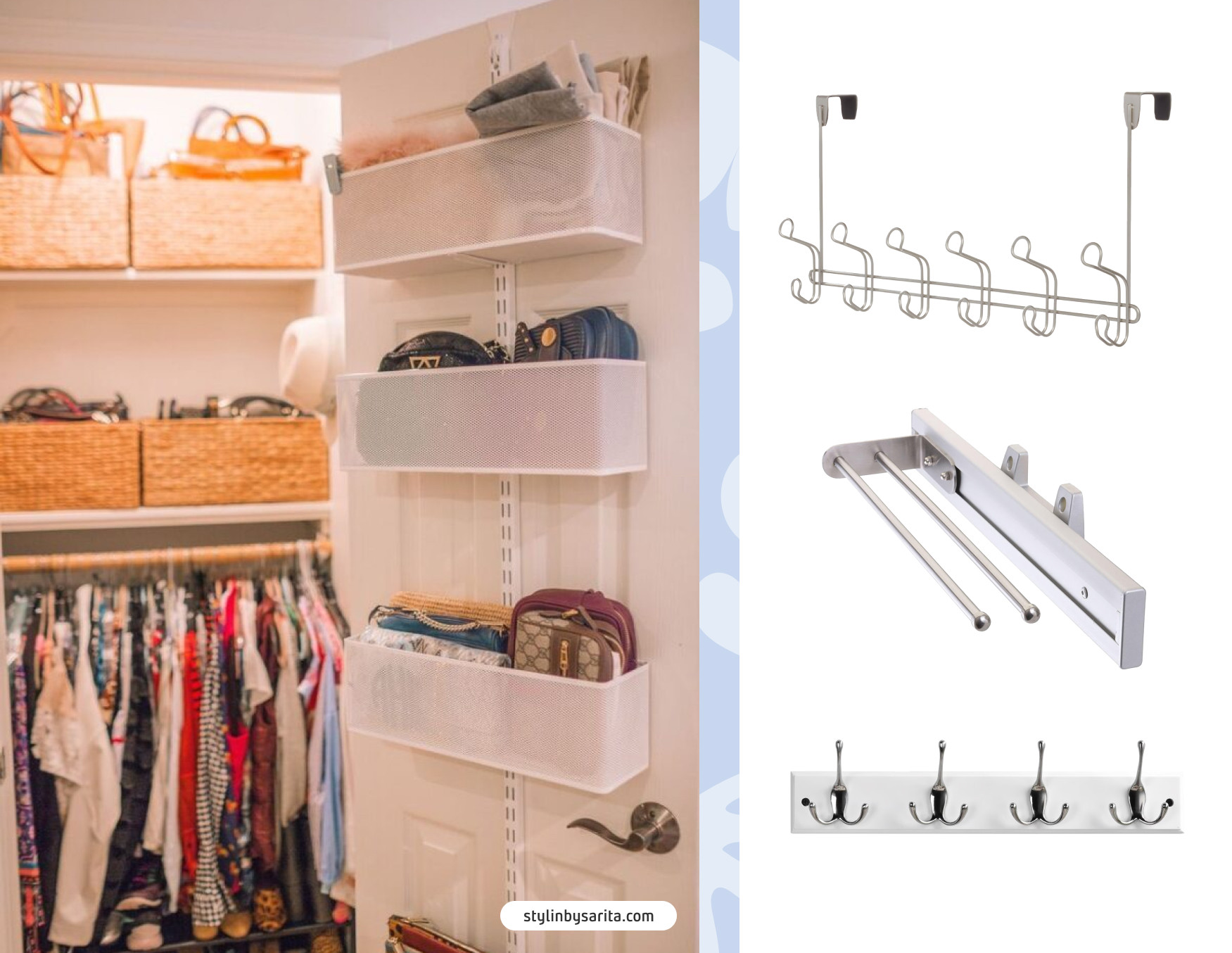 Moodboard de inspiración con una foto de un clóset con puerta abierto. Sobre ella hay organizadores para guardar accesorios y aprovechar el espacio vertical de la puerta.
