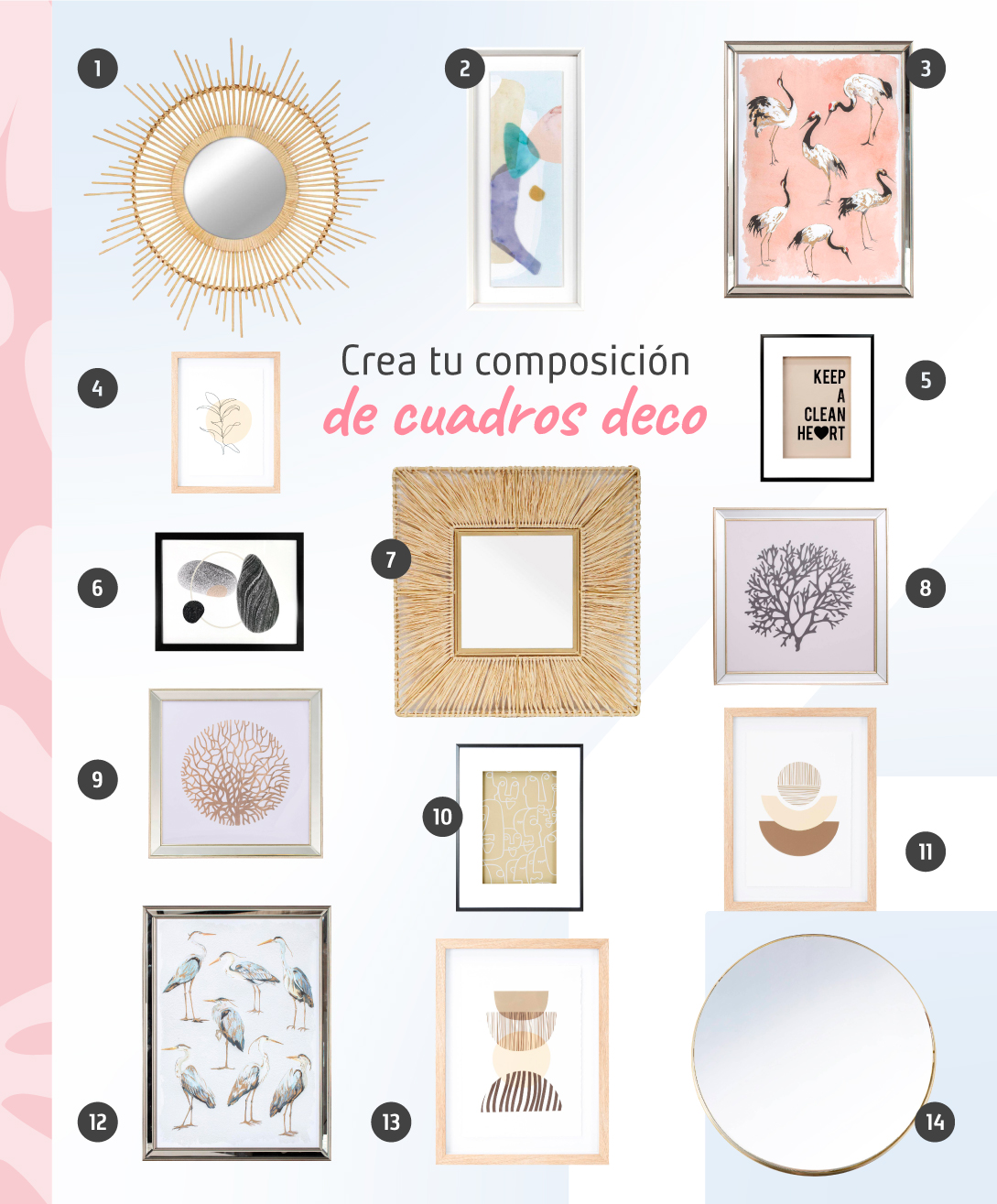 Moodboard de inspiración con 14 cuadros deco y espejos para crear un muro galería, todos disponibles en Sodimac.