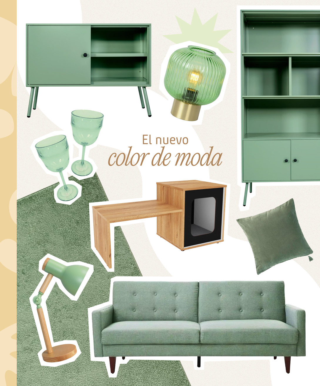 Moodboard Sodimac con productos color verde matcha. Incluye repisa y arrimo, sofá, lámpara, cojín, copas, alfombra y una lámpara
