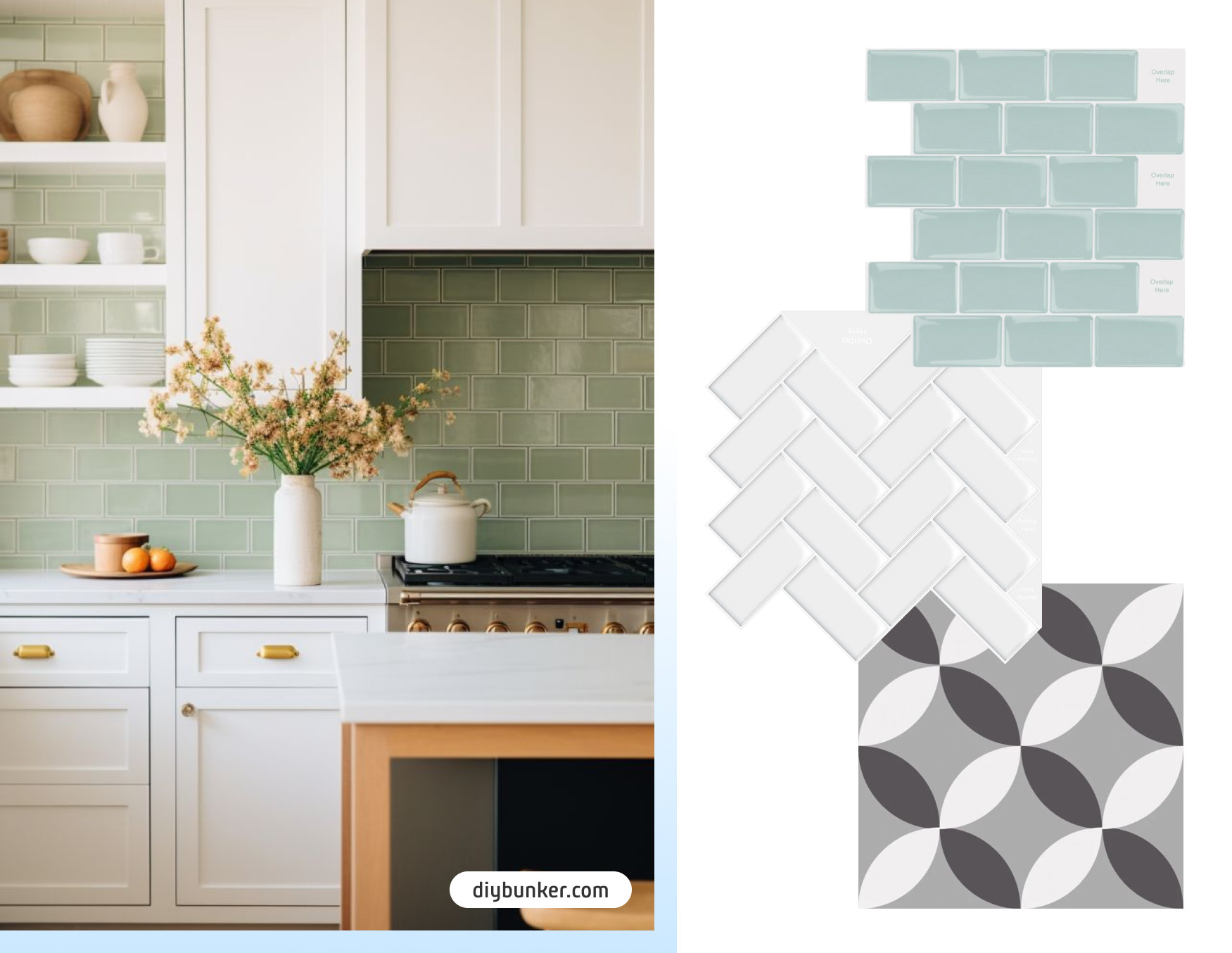 Moodboard de inspiración con una foto de una cocina con azulejos adhesivos verde pastel entre 2 muebles blancos. Al costado hay 3 azulejos adhesivos disponibles en Sodimac.