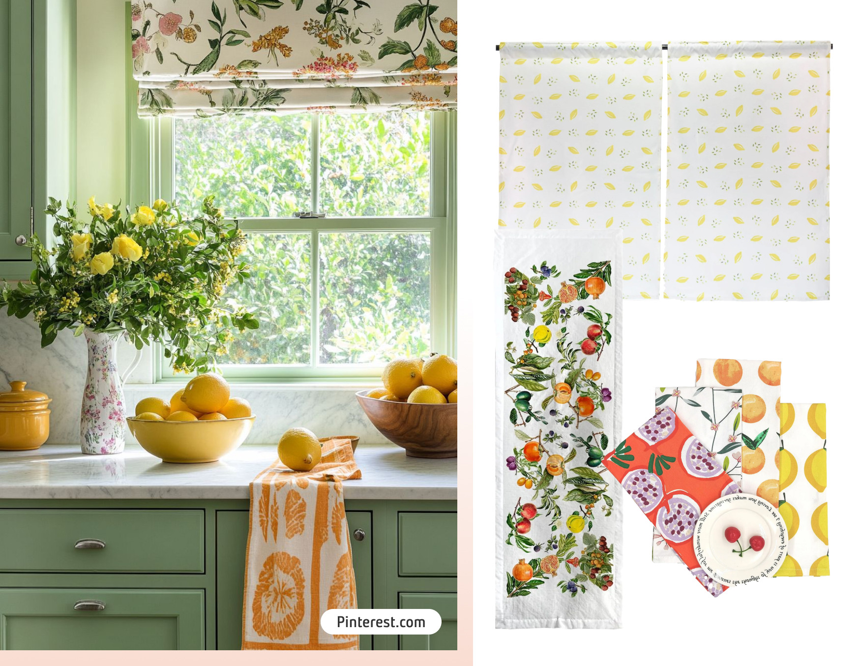 Moodboard de inspiración con una foto de una cocina con un mueble de cocina verde y sobre él un paño de cocina con diseño blanco y anaranjado, y en la ventana, unas cortinas floreadas. Al costado hay 3 textiles para cocina disponibles en Sodimac.