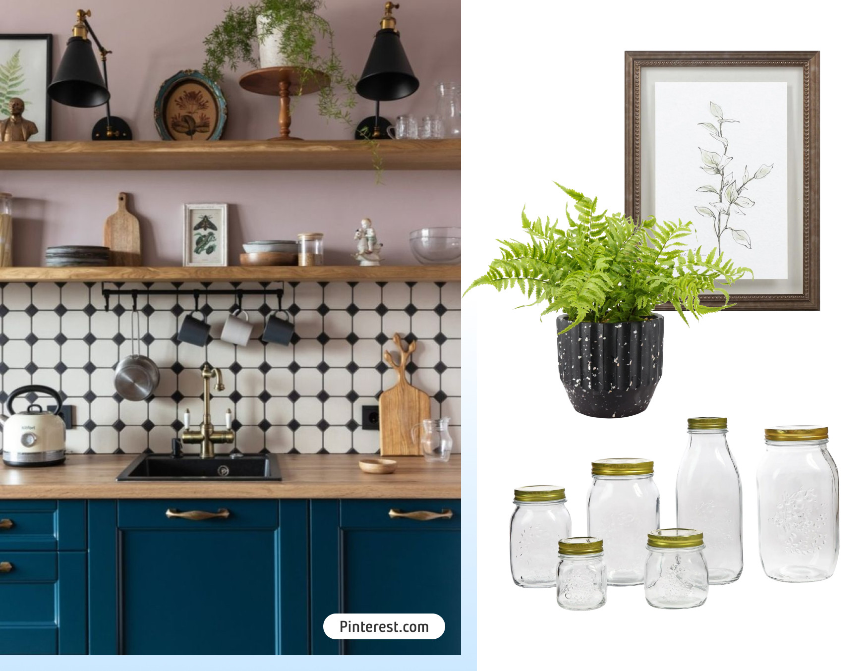 Moodboard de inspiración con una foto de una cocina con un mueble azul petróleo y cubierta de madera, repisa de madera en la parte superior y adornos sobre ella. Al costado hay un set de frascos, una planta y un cuadro disponibles en Sodimac.