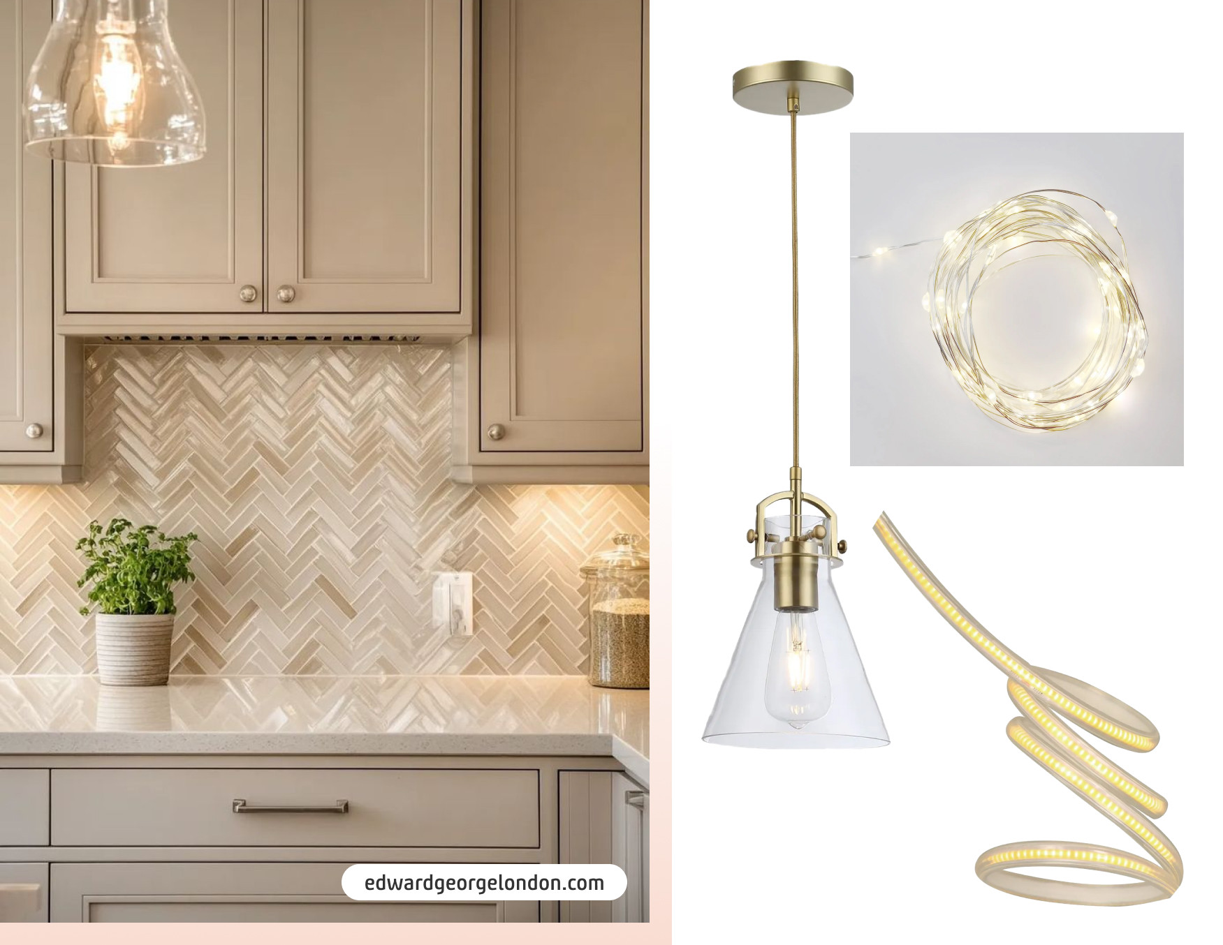 Moodboard de inspiración con una foto de una cocina con muebles color griege, una luz bajo los muebles superiores y una lámpara colgante. Al costado hay 3 lámparas y luces adhesivas disponibles en Sodimac.