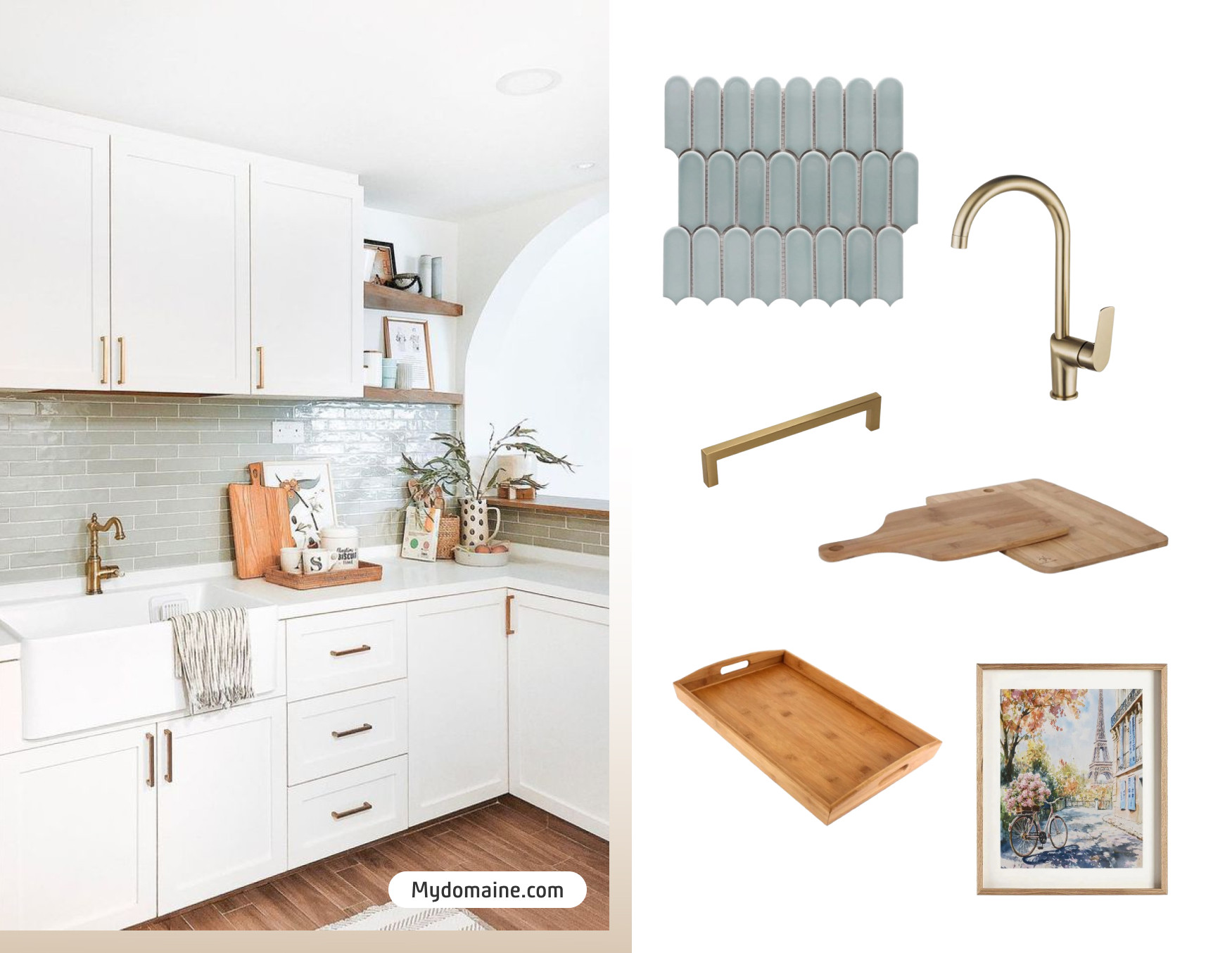 Moodboard de inspiración con una foto de una cocina pequeña con muebles blancos, tiradores dorados, azulejos verde agua, tablas y bandejas de madera y piso de madera. Al costado están los productos disponibles en Sodimac para lograr ese look.