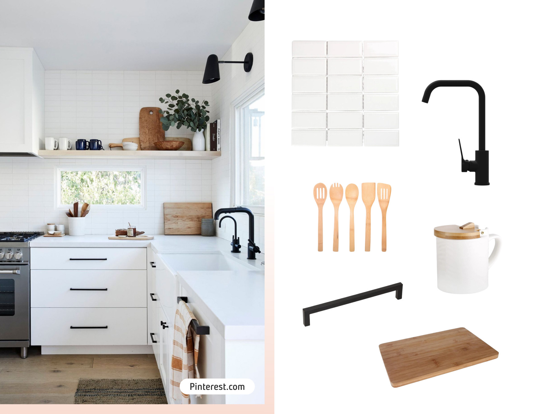 Moodboard de inspiración con una foto de una cocina pequeña con muebles blancos, tiradores negro mate, grifería negra, tablas y utensilios de madera y azulejos tipo subway blancos. Al costado están los productos disponibles en Sodimac para lograr ese look.