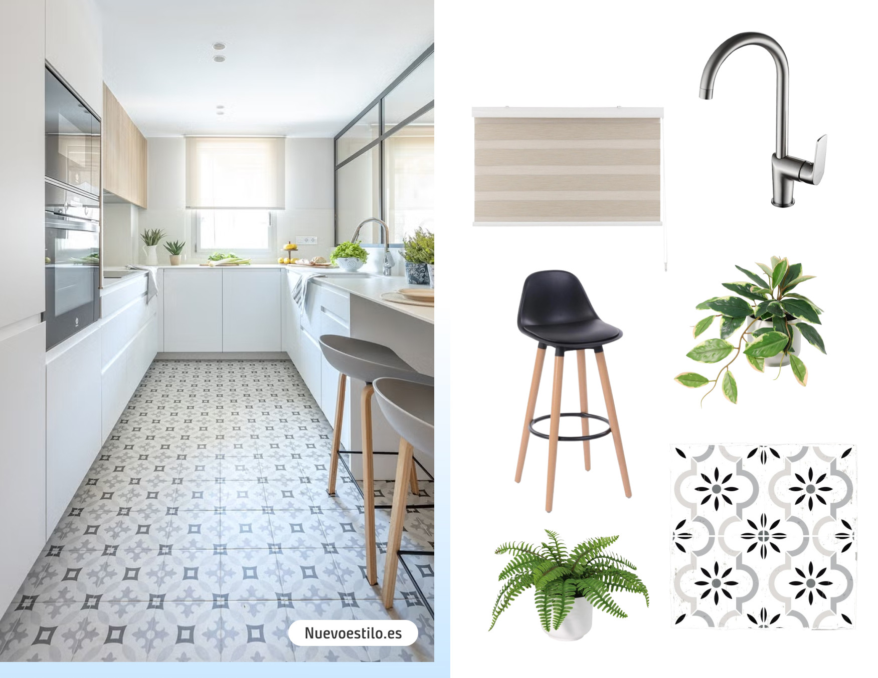Moodboard de inspiración con una foto de una cocina pequeña con muebles blancos, piso vinílico con un diseño blanco con gris, cortina roller beige al fondo y varias plantas. Al costado están los productos disponibles en Sodimac para lograr ese look.