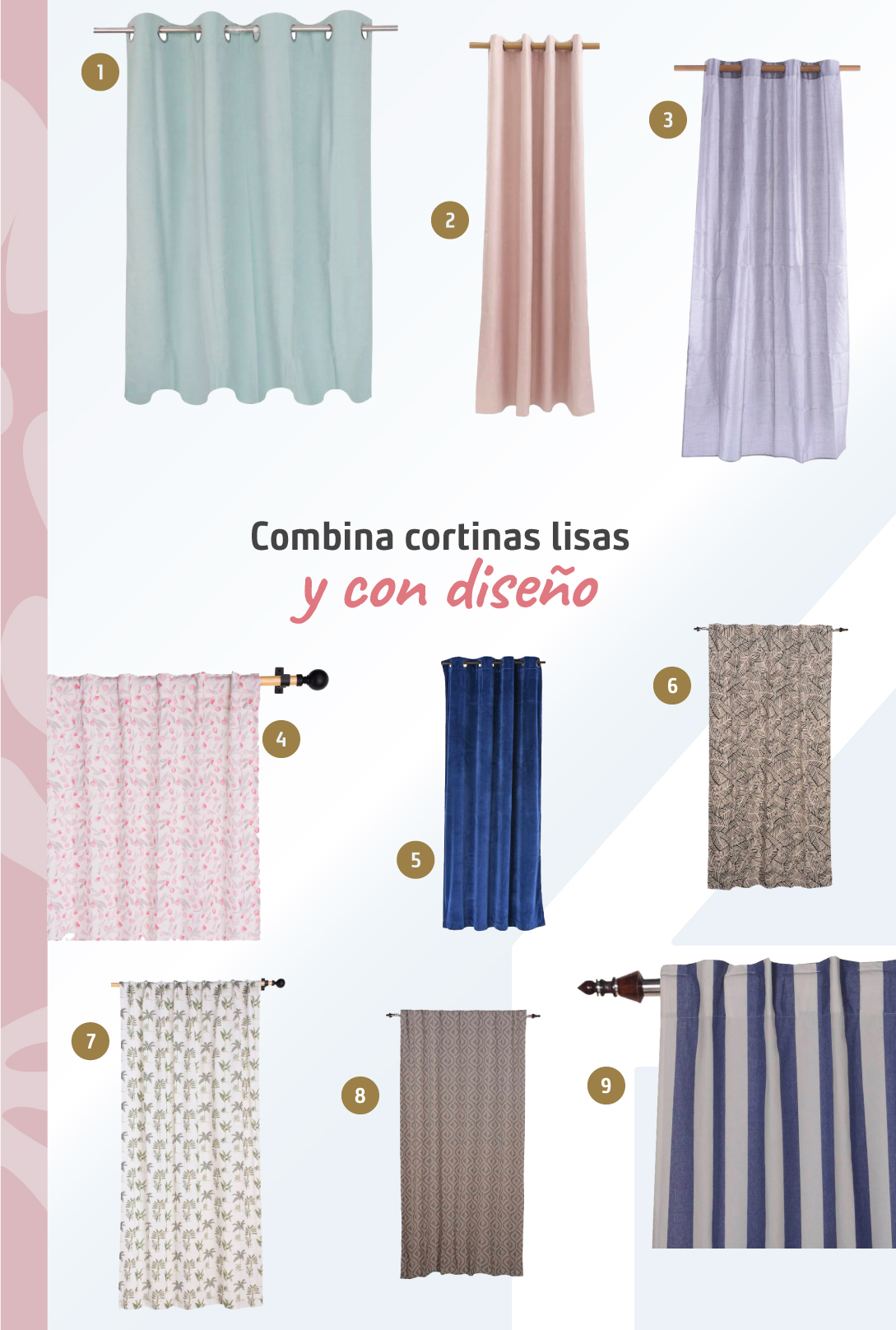 Moodboard de distintos tipos de cortinas lisas y con diseño disponibles en Sodimac