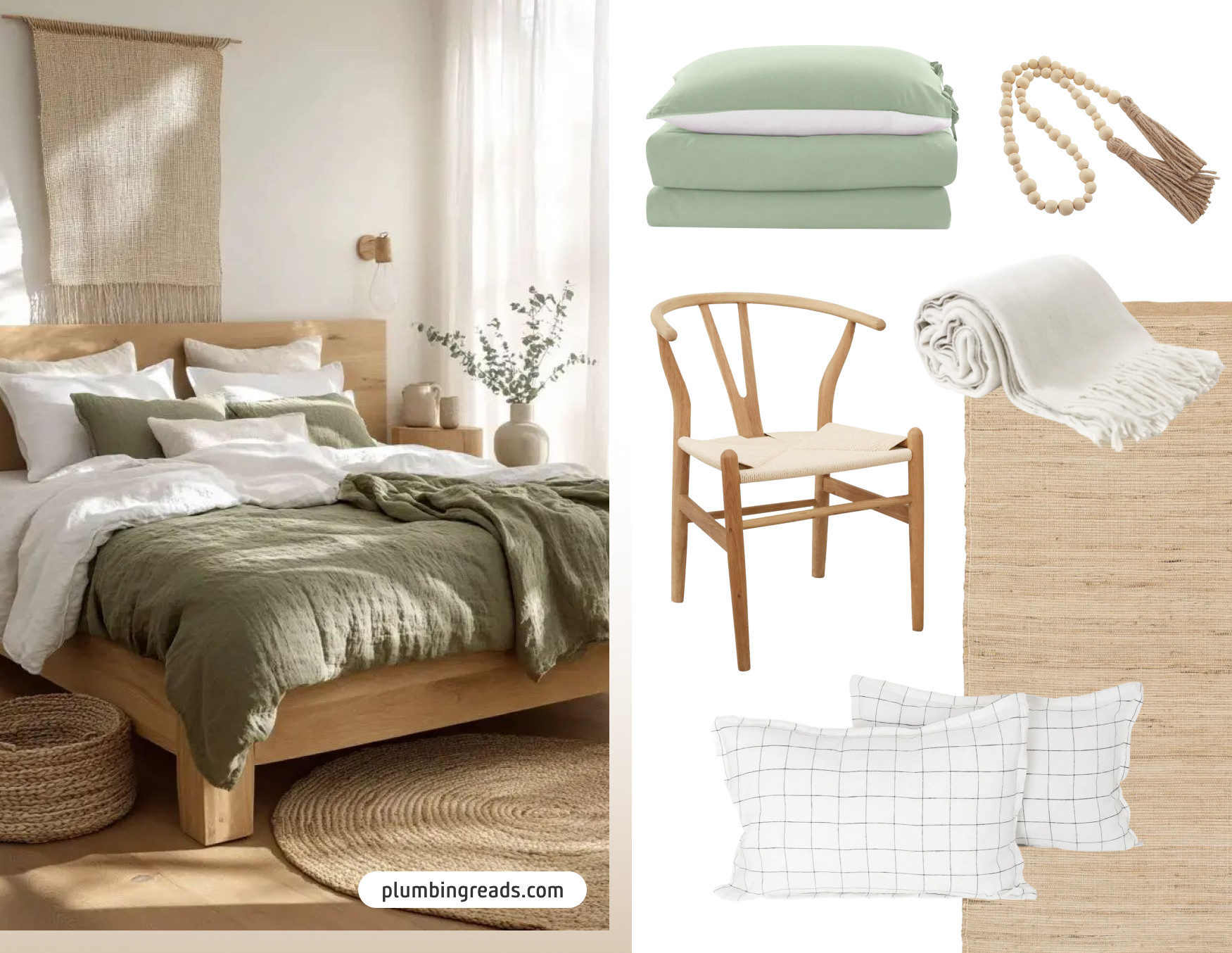 Moodboard de inspiración con una foto de un dormitorio con piso y cama de madera, plumón verde oliva y sábanas blancas. Al costado están los productos Sodimac para lograr ese look.