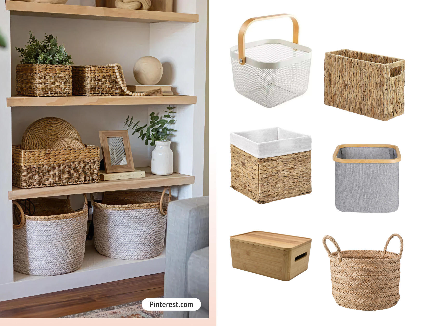 Moodboard de inspiración con una foto de un estante con adornos y canastos organizadores de distintas materialidades naturales. Al costado están los productos Sodimac para lograr ese look.