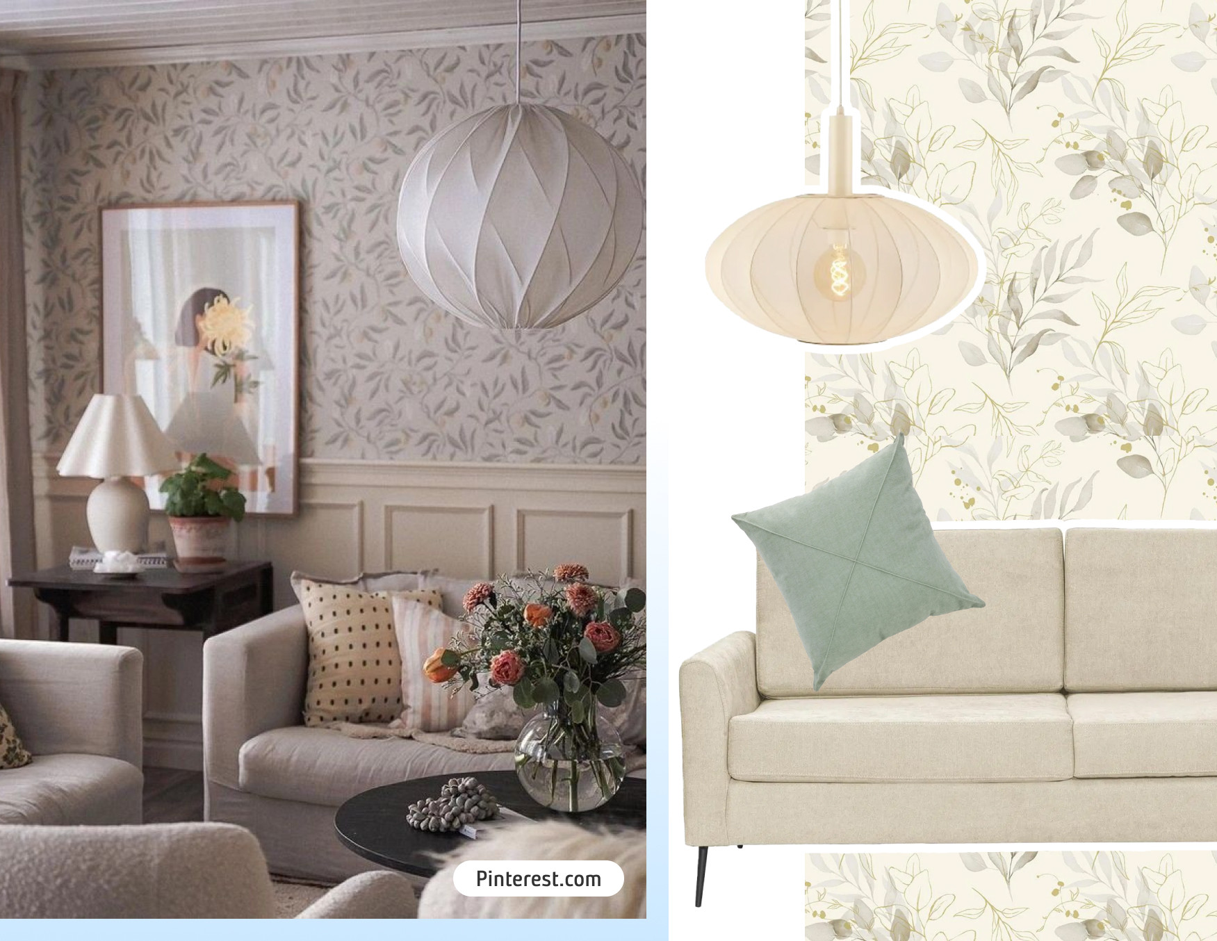 Moodboard de inspiración con una foto de un living clásico con paredes forradas con papel mural y molduras, un sofá neutro, cojines en tonos crema y una lámpara colgante en forma de esfera. Al costado están los productos Sodimac para lograr ese look.