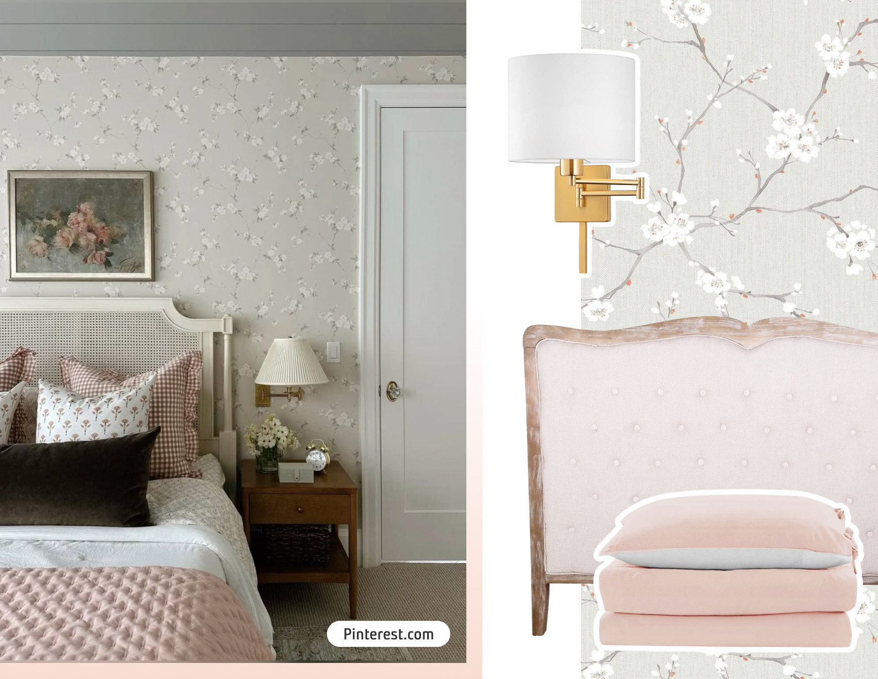 Moodboard de inspiración con una foto de un dormitorio clásico con paredes forradas con papel mural, una cama con plumón blanco, cojines y piecera rosada, y un velador de madera. Al costado están los productos Sodimac para lograr ese look.