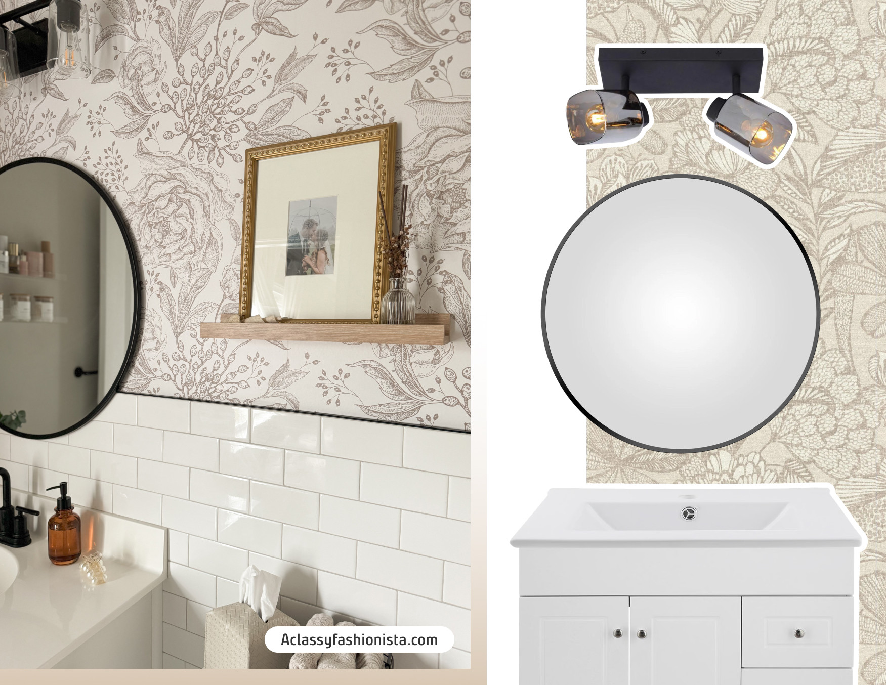 Moodboard de inspiración con una foto de un baño con paredes forradas con papel mural y cerámicos blancas, un espejo circular con marco negro y una repisa de madera clara con un cuadro. Al costado están los productos Sodimac para lograr ese look.