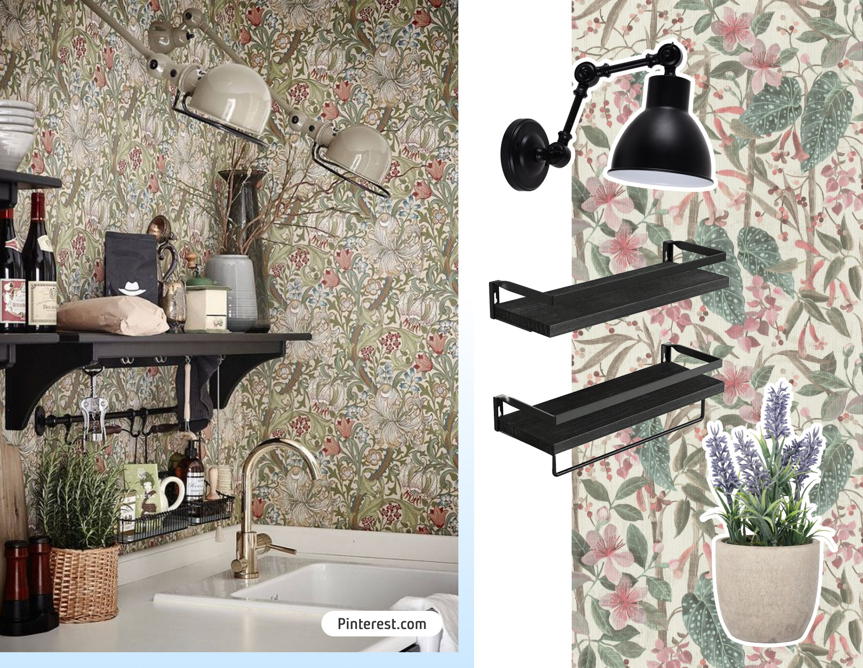 Moodboard de inspiración con una foto de una cocina con paredes forradas con papel mural de flores, repisas negras y lavaplatos blanco con grifo dorado. Al costado están los productos Sodimac para lograr ese look.