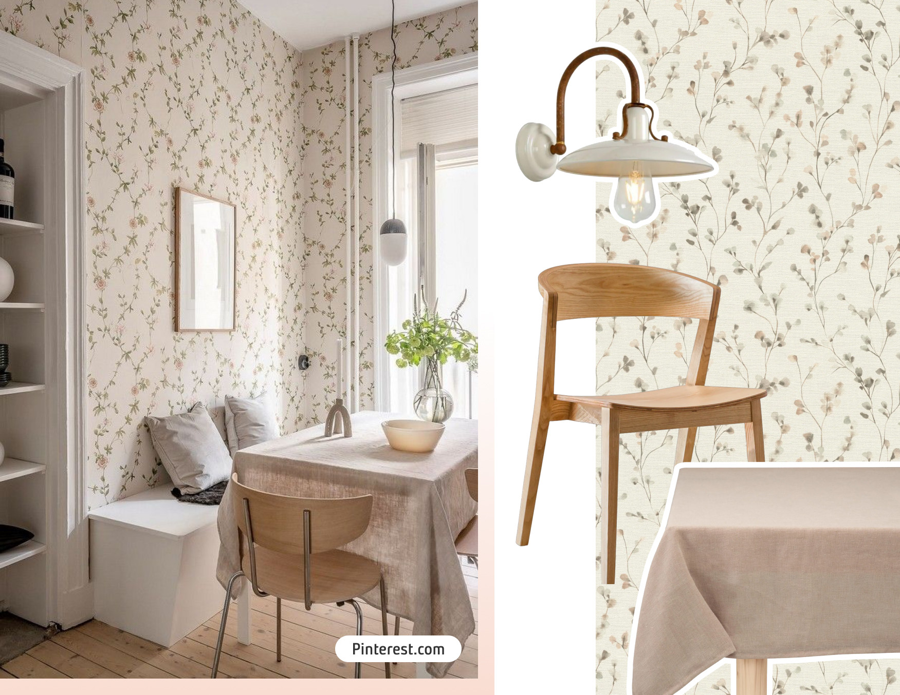 Moodboard de inspiración con una foto de un comedor con paredes forradas con papel mural de flores, una mesa con un mantel crema y sillas de madera. Al costado están los productos Sodimac para lograr ese look.