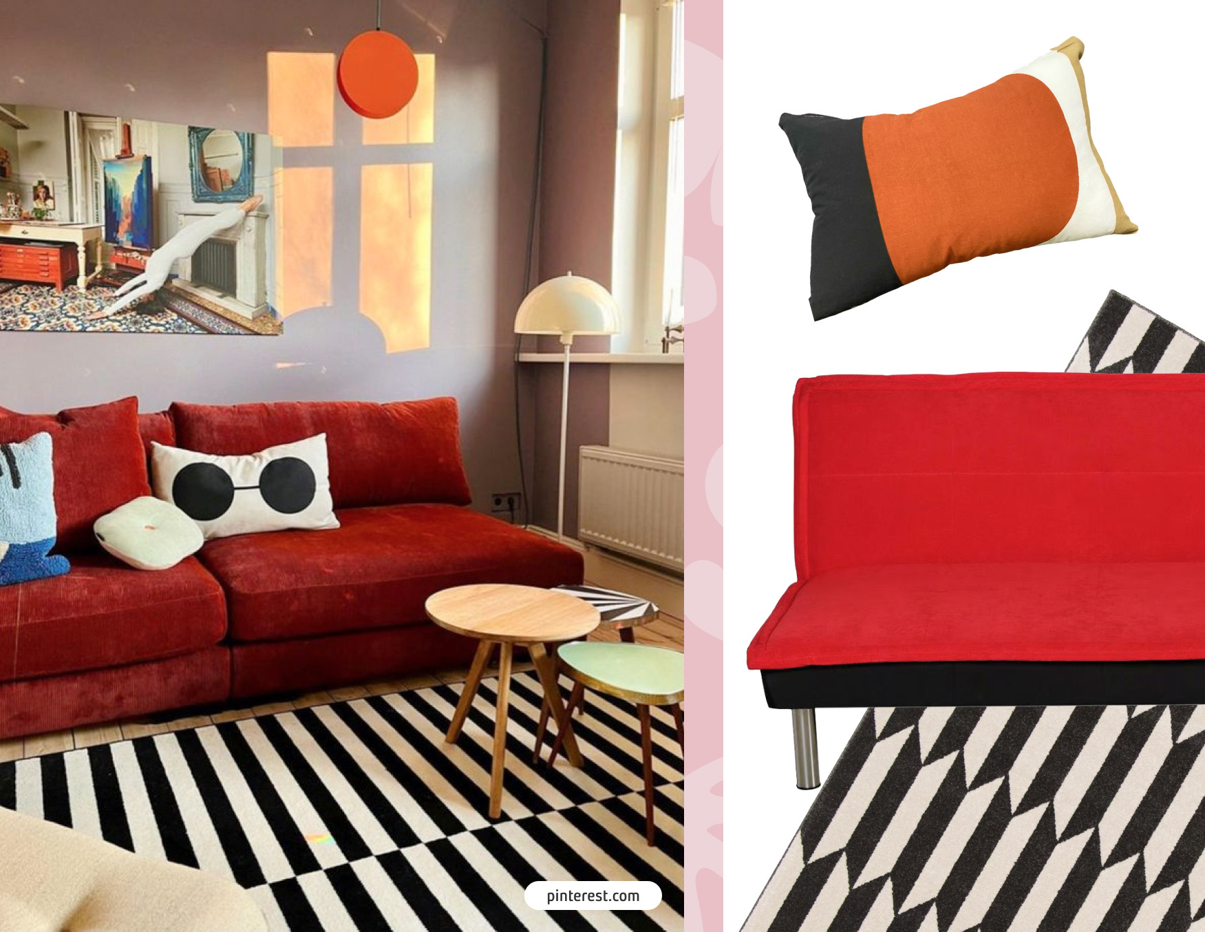Imagen de un living estilo dopamina con futón rojo, alfombra con líneas y muro gris claro. Al lado, Moodboard Sodimac con futón rojo, alfombra con líneas blanco con negro y cojín de color negro, blanco y naranjo