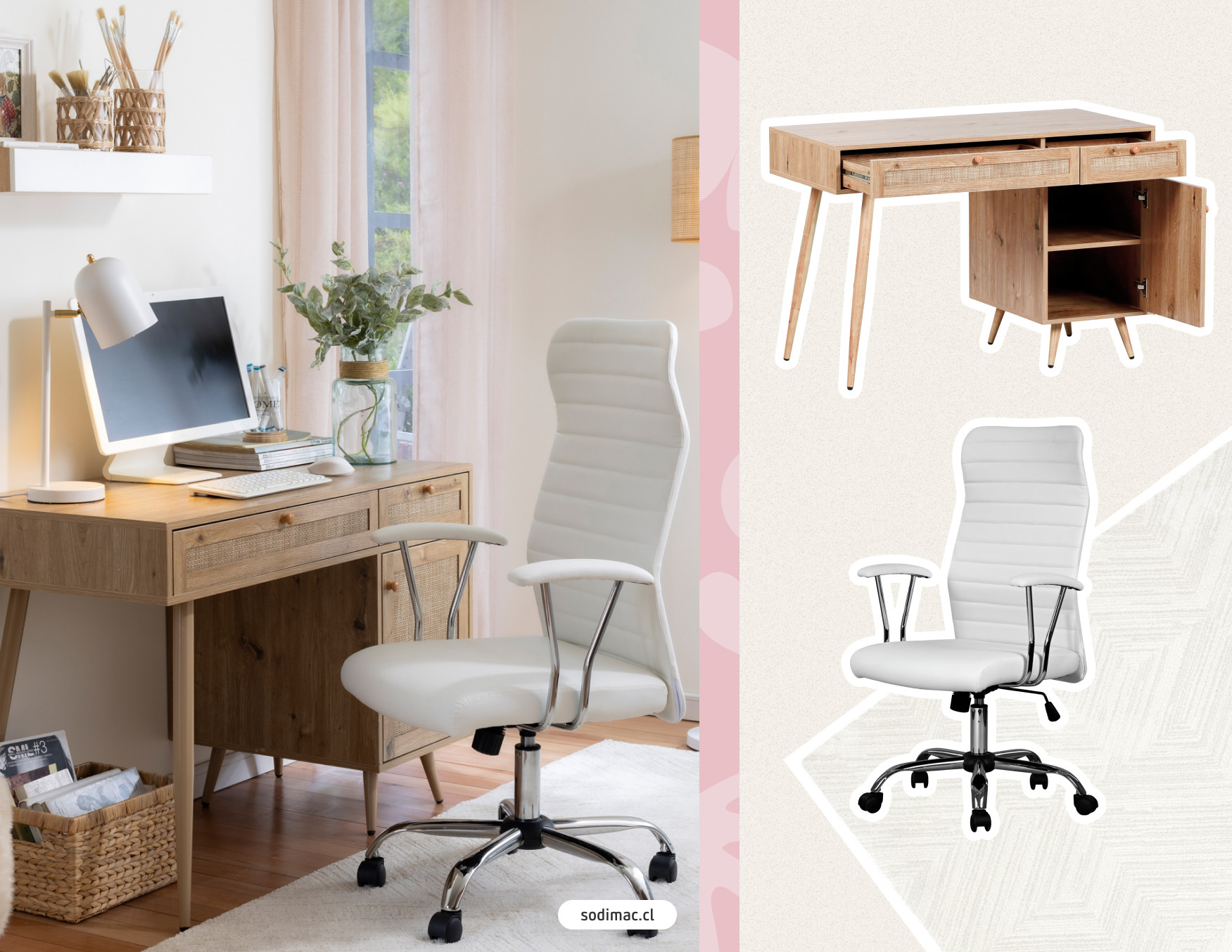 Escritorio boho con moodboard Sodimac con escritorio e madera y espacio de almacenaje, silla de escritorio gris claro y alfombra blanca