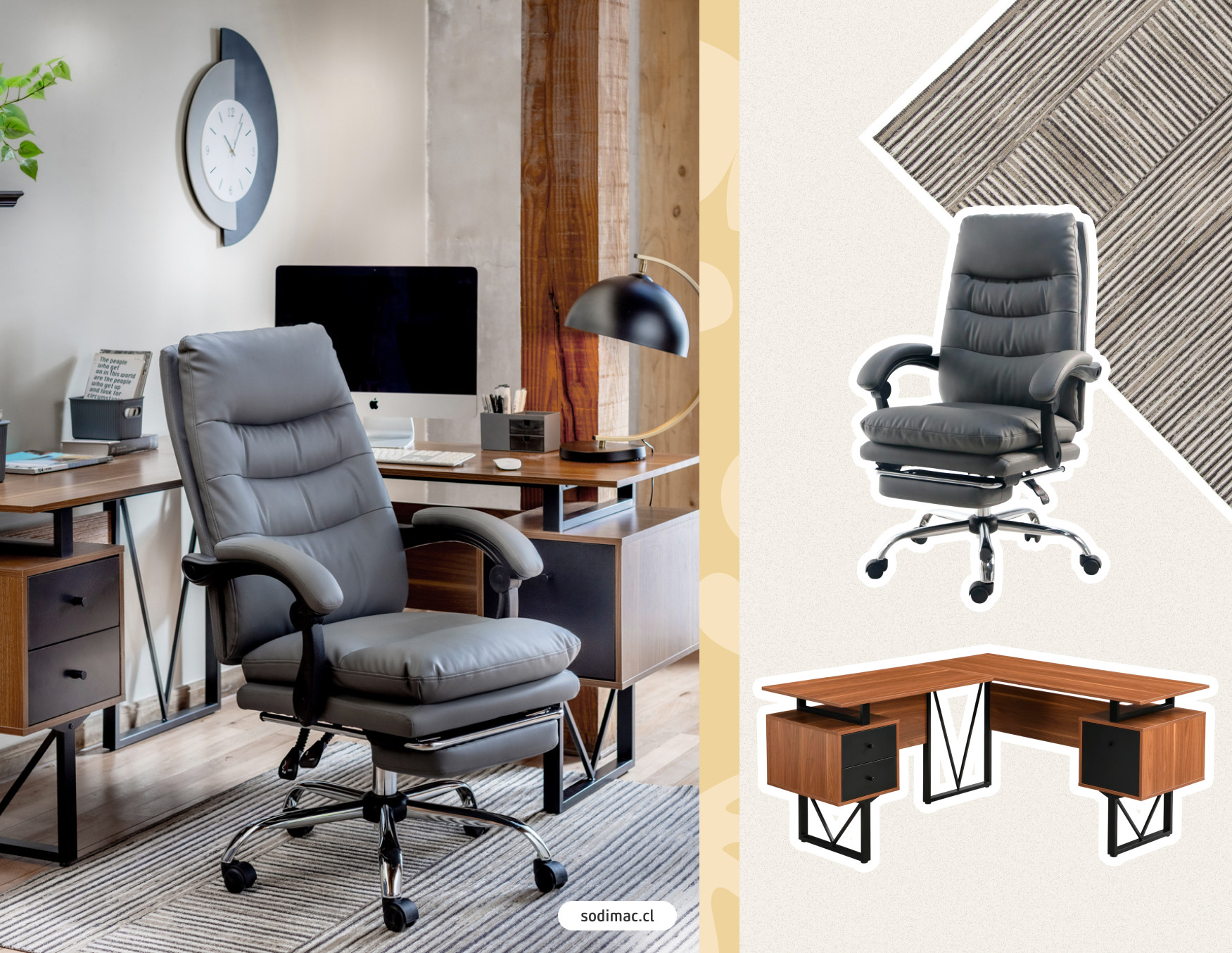 Escritorio ejecutivo urbano, con moodboard Sodimac con silla de escritorio acolchada gris, mesa de escritorio de madera en L, y alfombra gris
