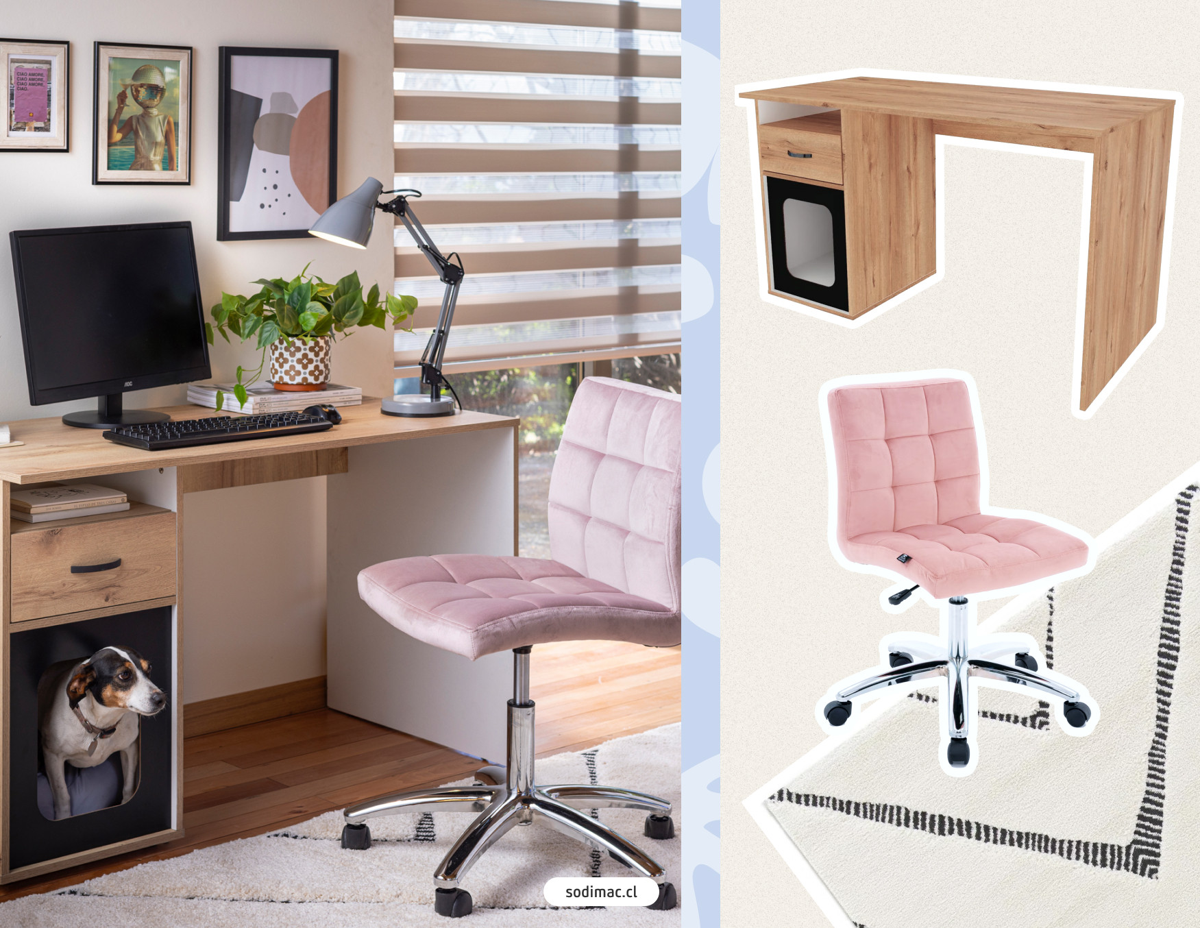 Escritorio clásico junto a moodboard Sodimac con silla de escritorio rosada, mesa de escritorio de madera y alfombra blanca con línea negra
