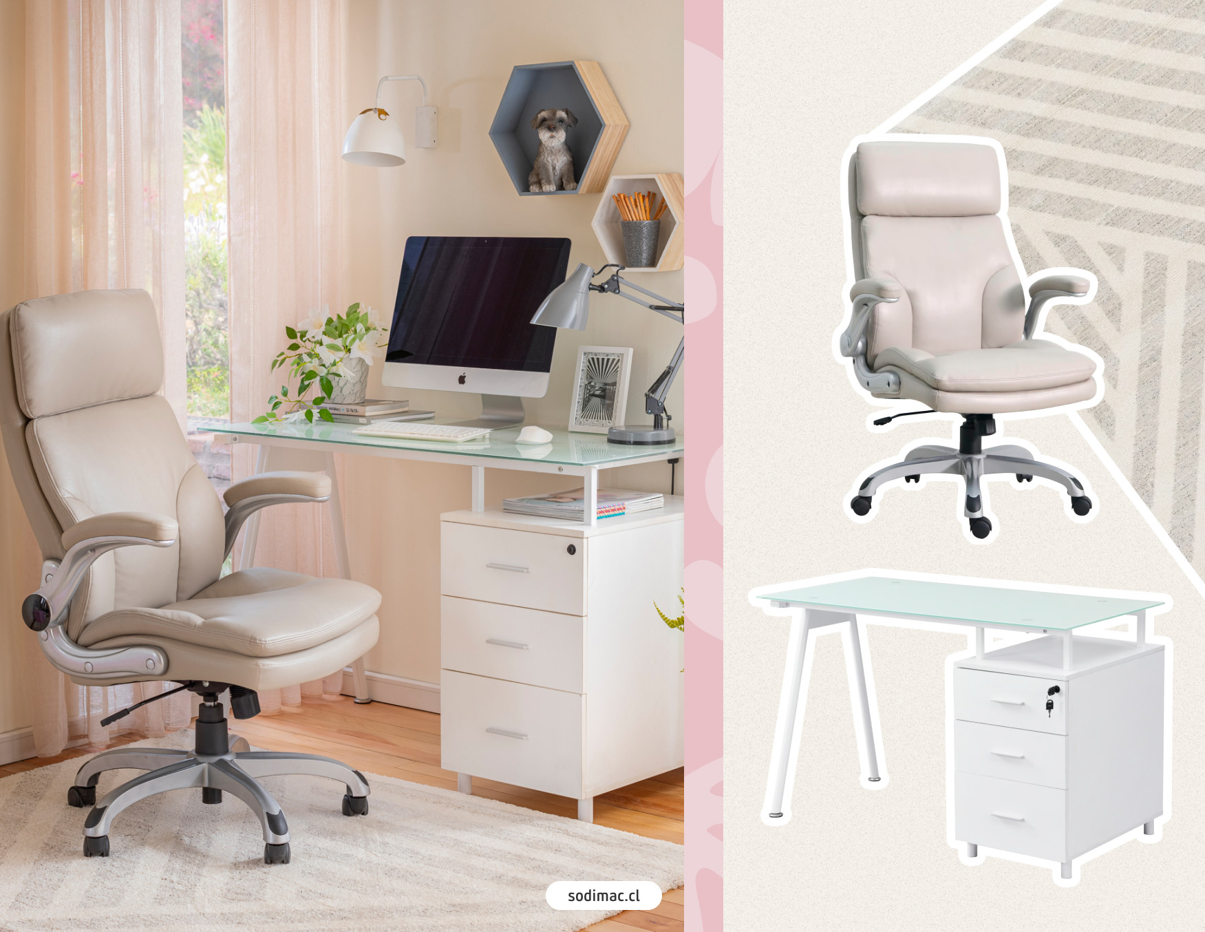 Imagen de un escritorio clásico con escritorio blanco y silla beige. Moodboard Sodimac con silla ejecutiva beige, escritorio con base de vidrio y alfombra beige con rayas.