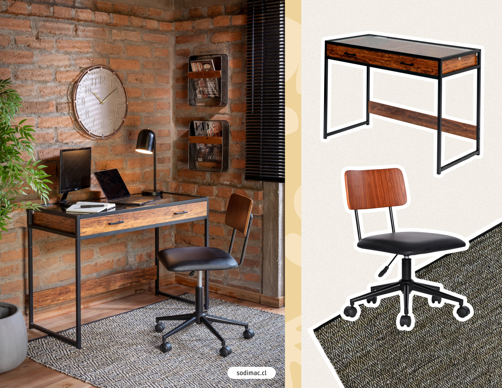Escritorio industrial, con moodboard Sodimac con escritorio de madera y metal, silla de escritorio negra y café y alfombra negra.