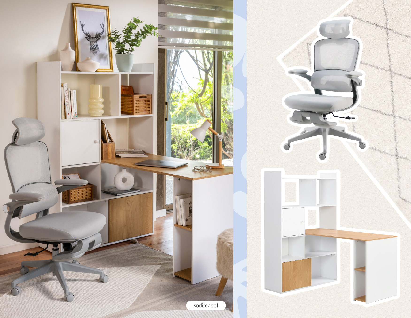 Escritorio nórdico con moodboard Sodimac con silla de escritorio moderna, escritorio de madera con repisas incluida y alfombra blanca con líneas negras