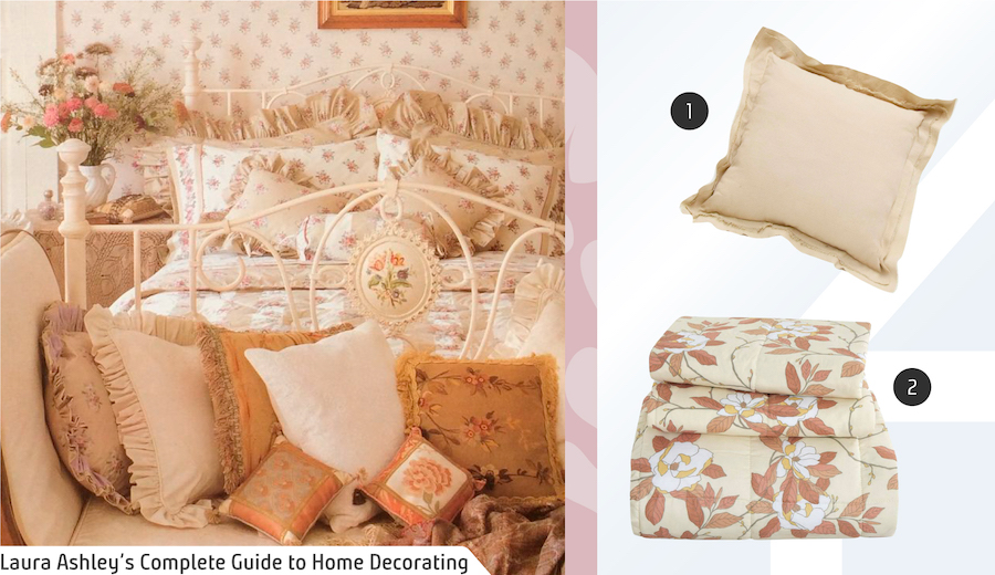 Moodboard de productos estilo coquette disponibles en Sodimac junto a un dormitorio con una cama con cojines con volados y una frazada con patrones florales. Adelante, hay un sofá con varios cojines con volados y motivos florales.