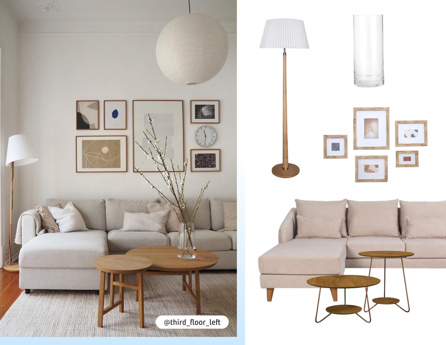 Moodboard de inspiración con una foto de un living de estilo nórdico con un sofá beige, cojines blancos, una mesa de centro de madera y un muro galería con marcos de madera. Al costado están los productos disponibles en Sodimac para lograr ese look.