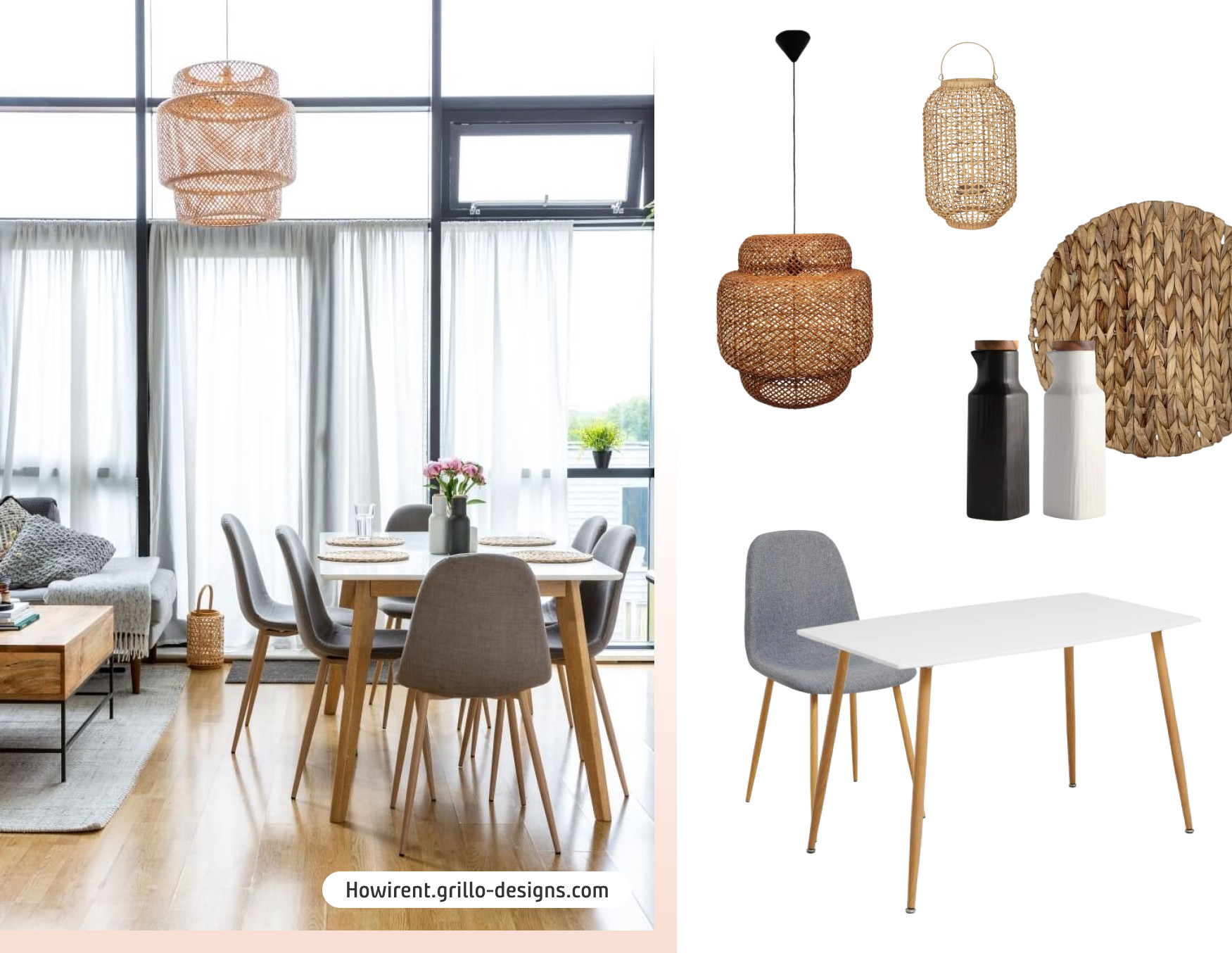Moodboard de inspiración con una foto de un living comedor de estilo nórdico con una mesa de comedor blanca con patas de madera, sillas grises y una lámpara colgante. Al costado están los productos disponibles en Sodimac para lograr ese look.