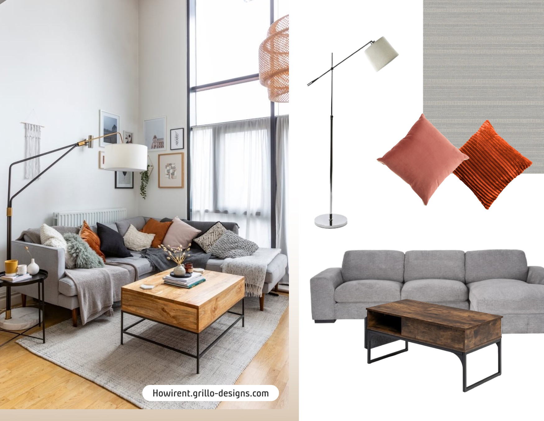 Moodboard de inspiración con una foto de un living de estilo nórdico con una mesa de centro de madera, un sofá seccional gris, cojines de colores y una alfombra gris. Al costado están los productos disponibles en Sodimac para lograr ese look.