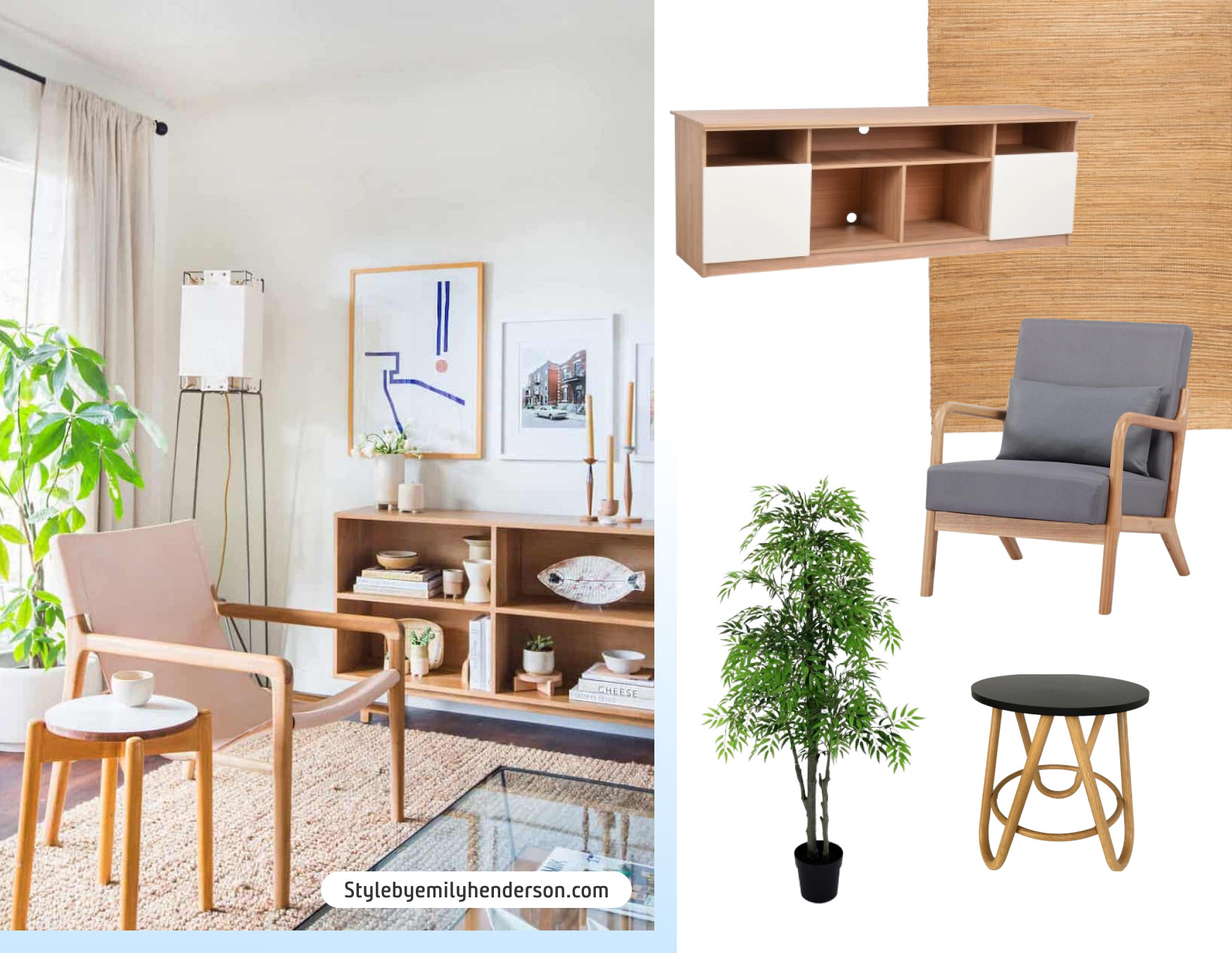 Moodboard de inspiración con una foto de un living de estilo nórdico con una silla y mesa lateral de madera, un rack con adornos en tonos blancos y una alfombra de yute. Al costado están los productos disponibles en Sodimac para lograr ese look.