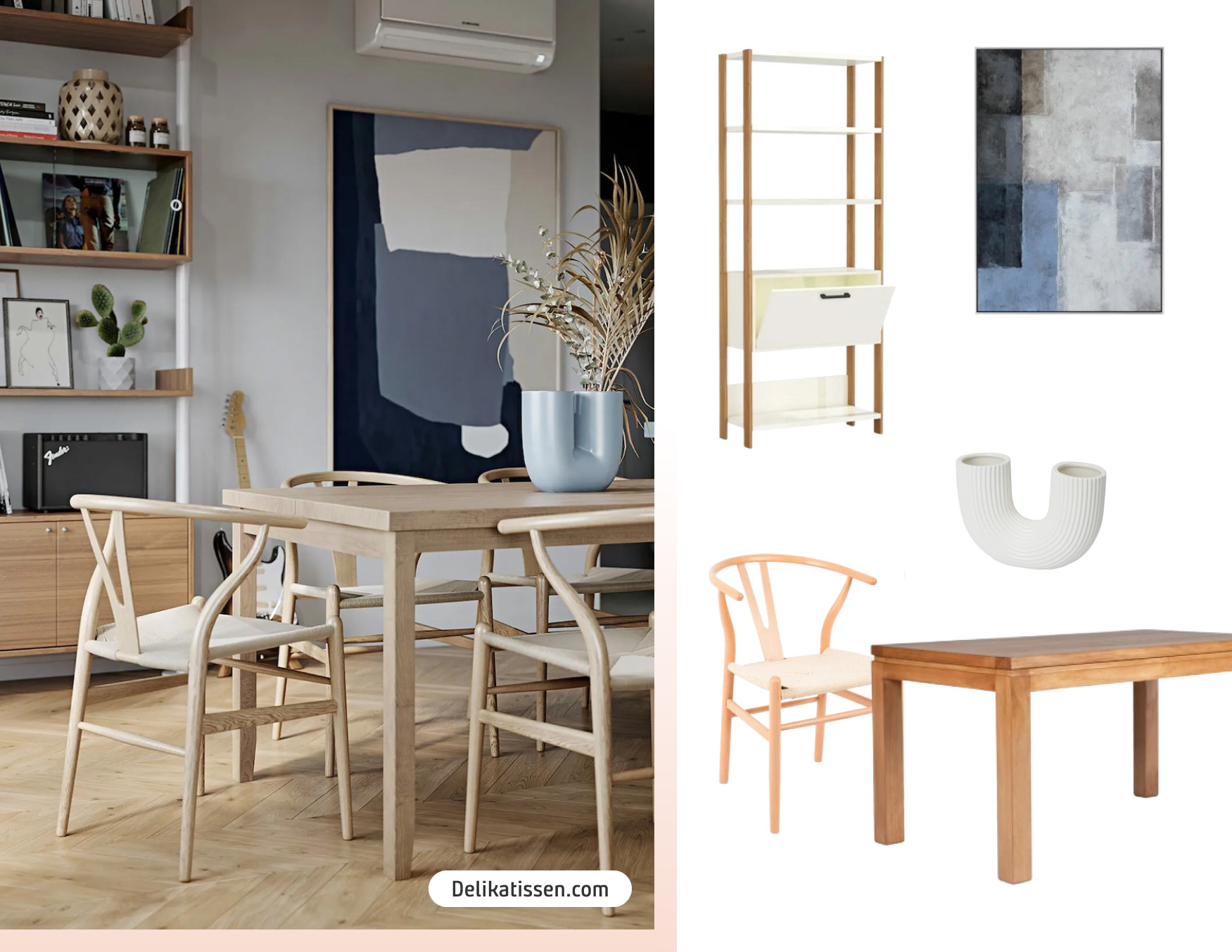 Moodboard de inspiración con una foto de un living comedor de estilo nórdico con una mesa de comedor y sillas de madera clara, y una gran obra de arte en tonos azules en la pared. Al costado están los productos disponibles en Sodimac para lograr ese look.