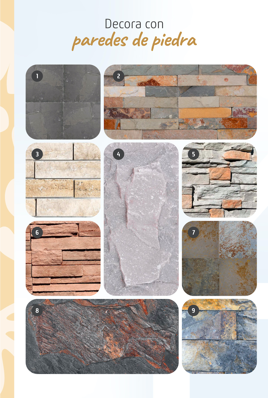Moodboard de inspiración con 9 opciones de revestimientos de piedra disponibles en Sodimac.