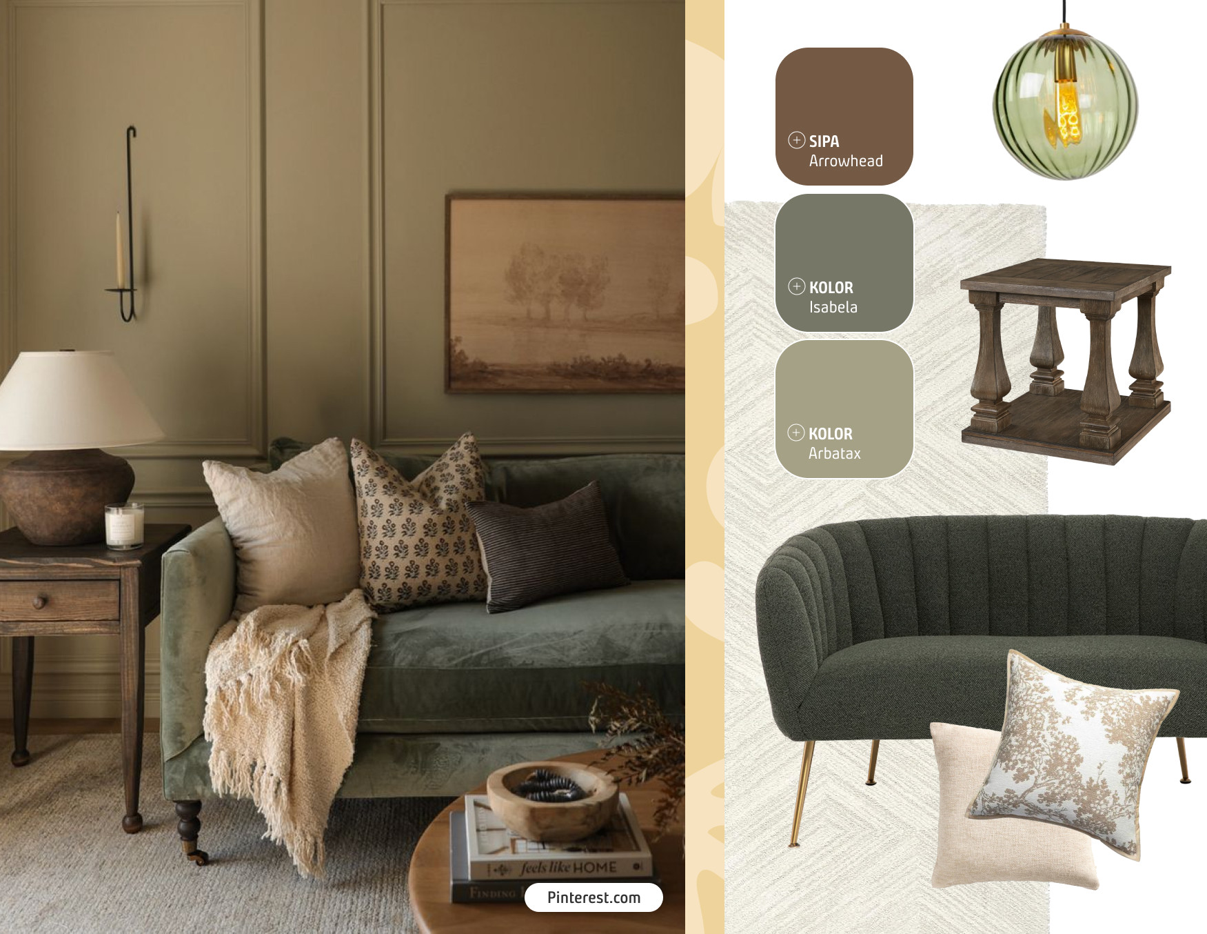 Moodboard de inspiración con una foto de un living en tonos verdes. Al lado hay una paleta de colores verdes y 5 productos Sodimac para lograr el look de la foto.