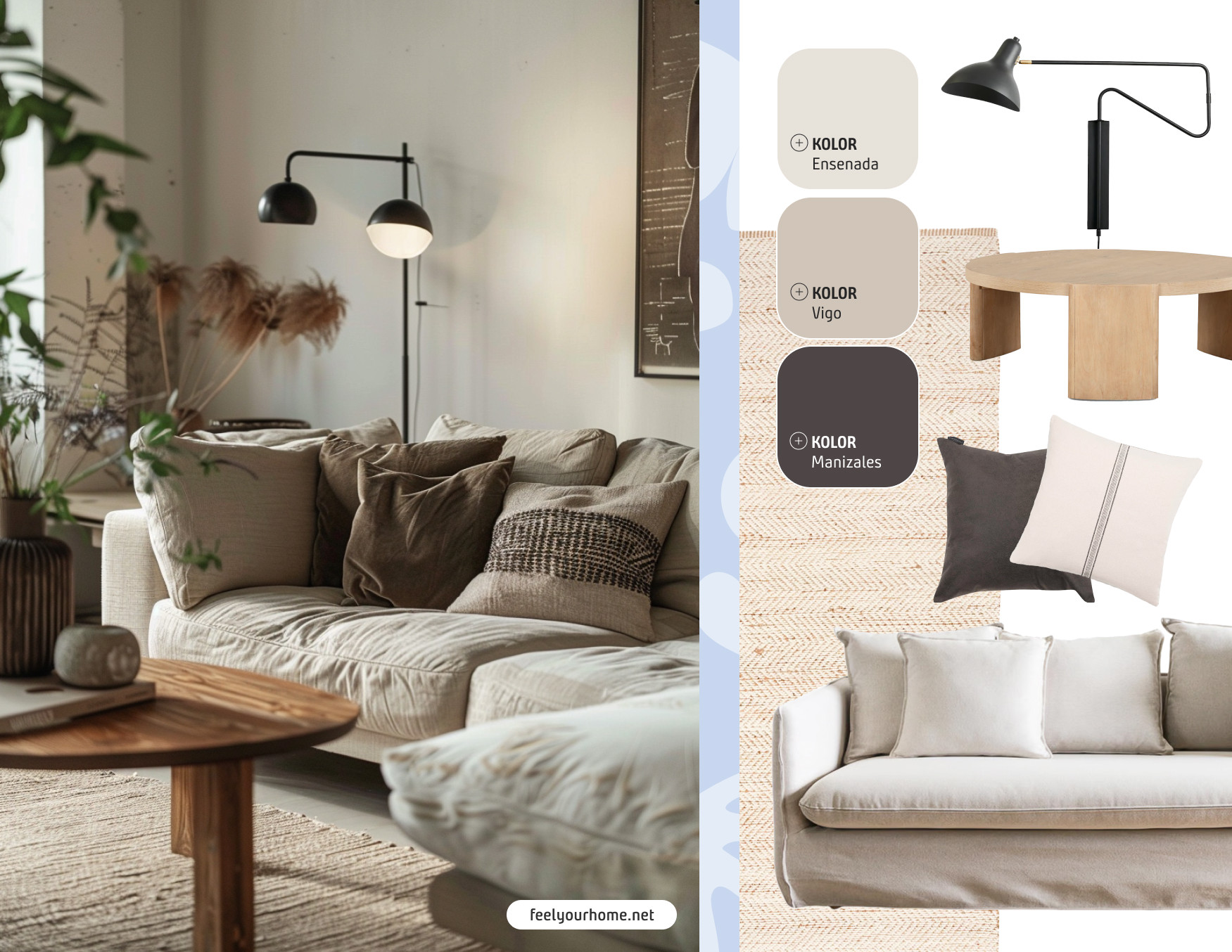 Moodboard de inspiración con una foto de un living en tonos neutros. Al lado hay una paleta de colores neutros y 5 productos Sodimac para lograr el look de la foto.