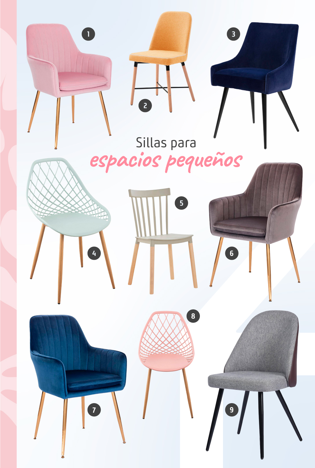Moodboard de inspiración con 9 sillas para un living comedor pequeño, todas disponibles en Sodimac.