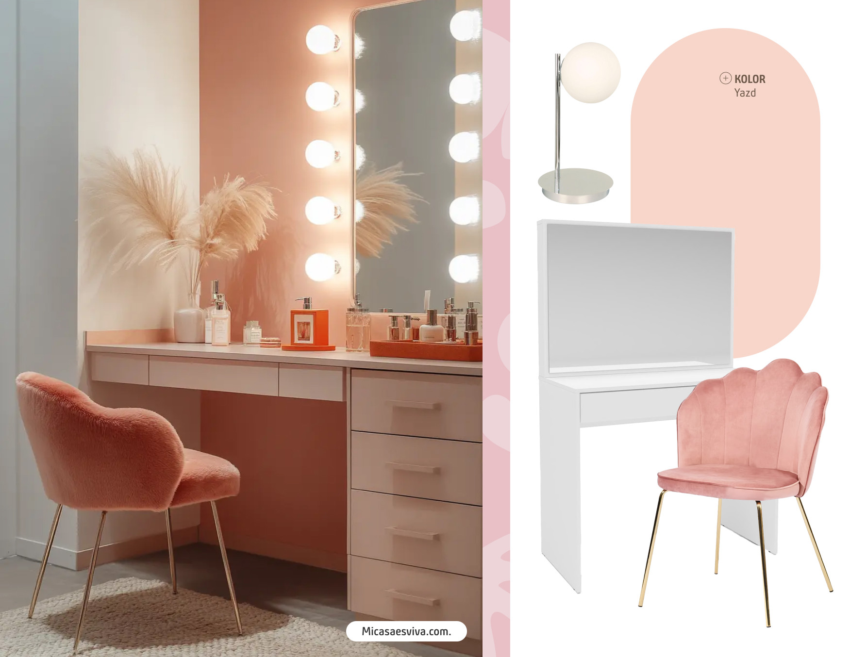 Moodboard de inspiración con una foto de un tocador de maquillaje de melamina blanca, espejo con luces led, una silla de terciopelo rosada, botellas de perfume y maquillaje. Al costado hay 4 productos Sodimac para lograr ese look.