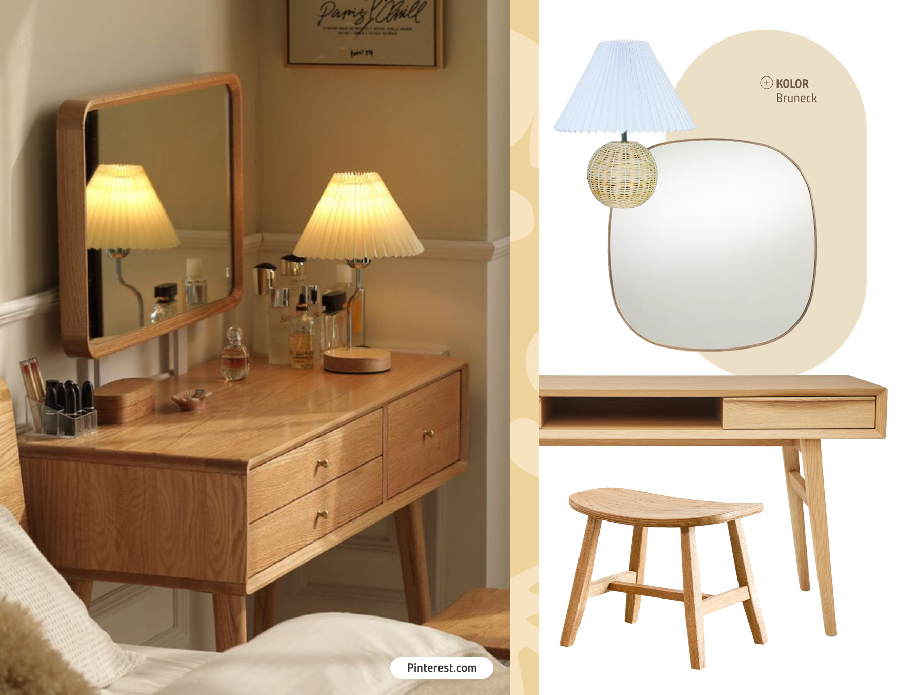 Moodboard de inspiración con una foto de un tocador de maquillaje de madera clara, espejo con marco de madera, lámpara de mesa con luz cálida, un piso de madera, botellas de perfume y maquillaje. Al costado hay 4 productos Sodimac para lograr ese look.