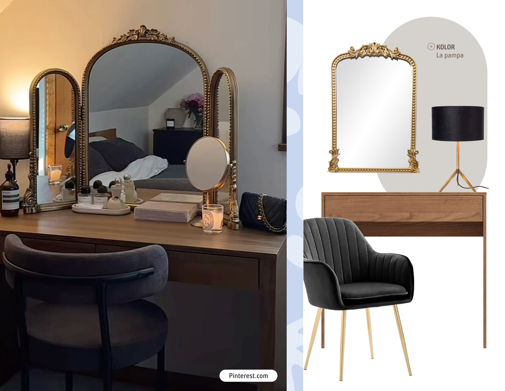Moodboard de inspiración con una foto de un tocador de maquillaje de madera, espejo con marco dorado, una silla de terciopelo gris y maquillaje. Al costado hay 4 productos Sodimac para lograr ese look.