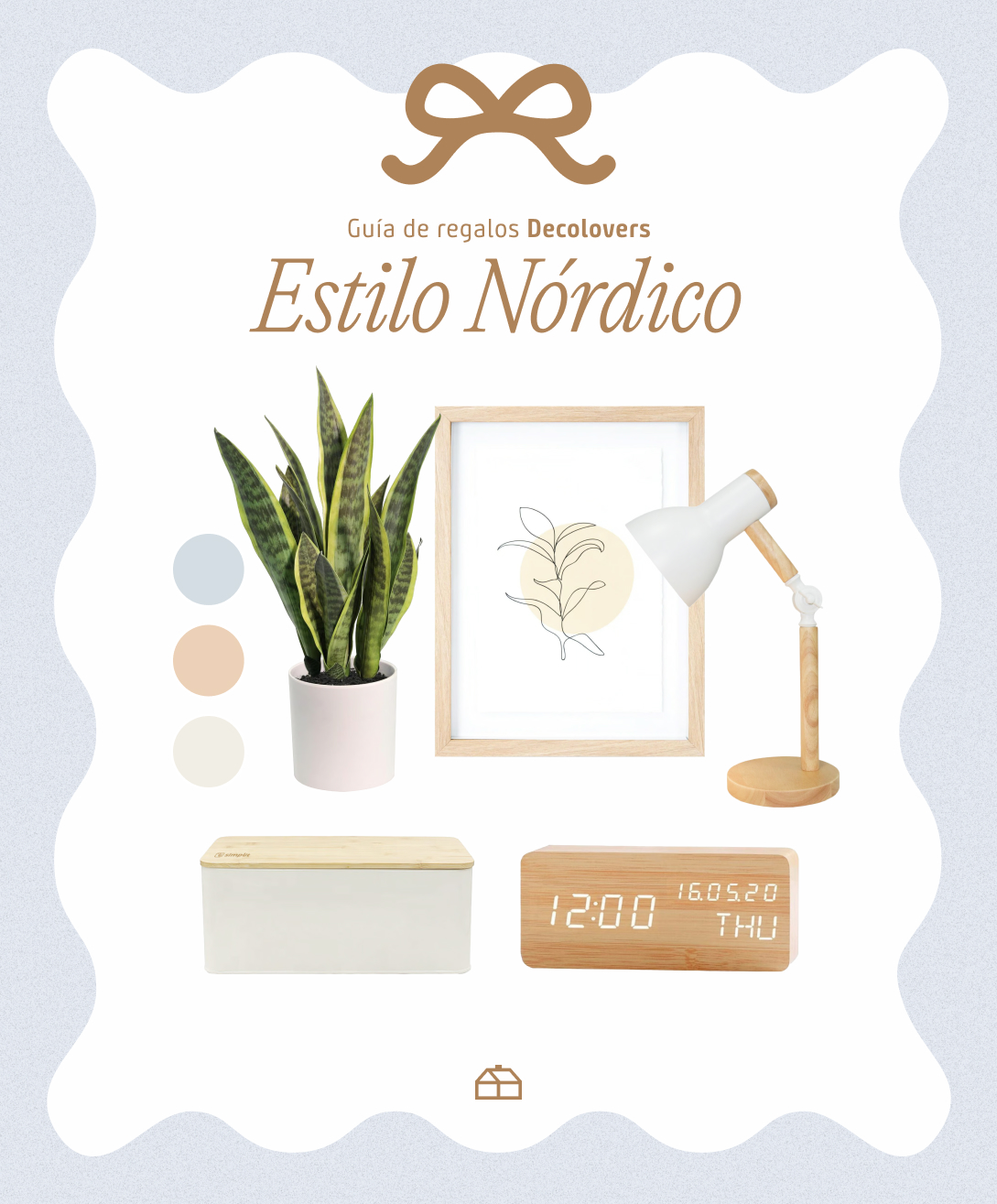 Moodboard Sodimac con regalos de estilo nórdico. Incluye lámpara de mesa, cuadro, planta sansevieria, caja organizadora, radio reloj