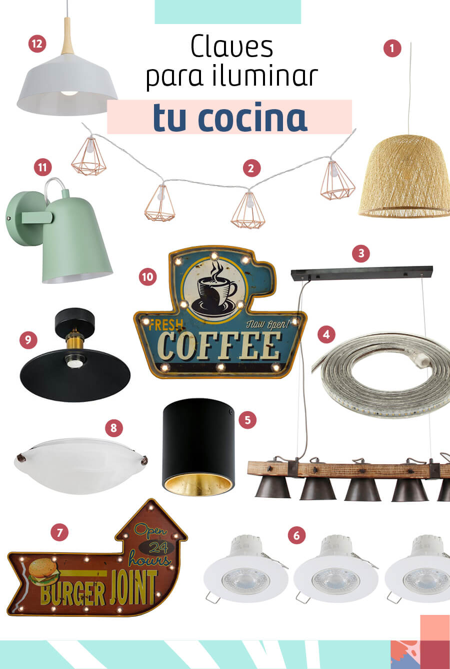 Selección de lámparas para iluminar la cocina: lámpara de colgar de fibra natural, guirnalda decorativa cobre, lámpara colgante festina 5 luces, cinta led 5 m, aplique led negro, spot 3 unidades, letrero led burger, plafón circular, lámpara de techo soquete bronce, letrero led coffee, apliqué osaka verde y lámpara de metal y madera 