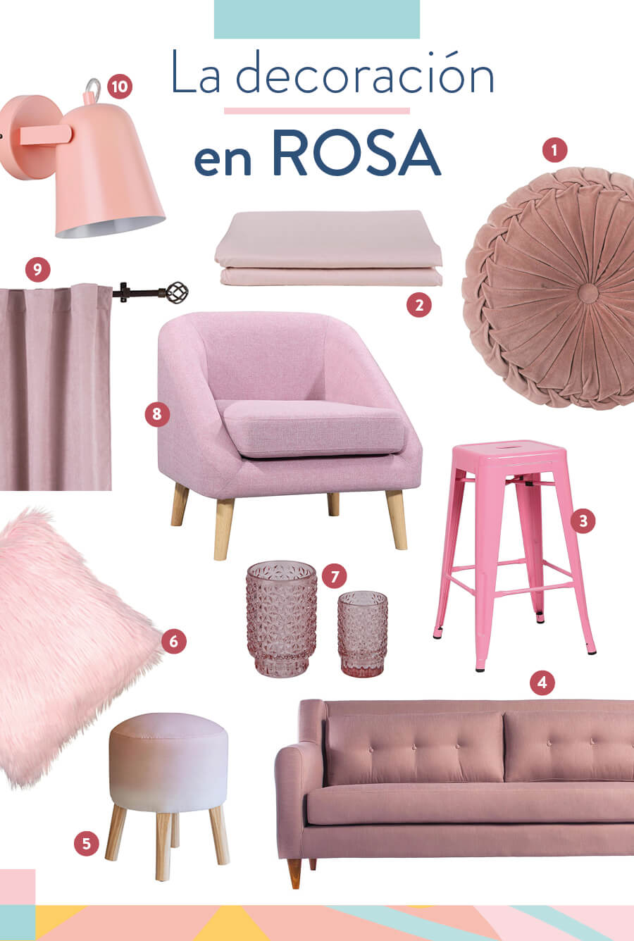 Selección de productos y decoración en paleta de colores rosa: un cojín velvet rosado, una funda para plumón rosa, un piso de metal rosado, un sofá de 3 cuerpos color palo rosa, un pouf emma, un cojín peludo rosa, un portavela vidrio texturado, poltronas y sitiales, una cortina de tela y un aplique osaka