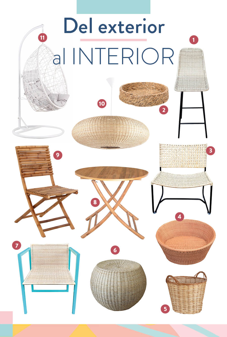 Muebles de diseño exterior que se pueden ocupar dentro del hogar, como una silla bar blanca, centro de mesa con tejido natural, sillón carolina mimbre, sillón mao natural, canasto mimbre natural, pouf antonio blanco, sillón amparo blanco, mesa de bambú, silla de bambú, lámpara de mimbre circular y silla colgante de ratán blanca